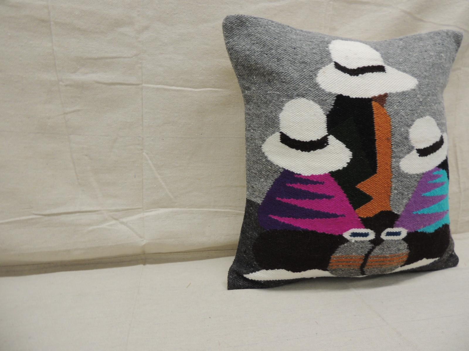 Traditional woven Ecuadorian decorative pillow.
In shades of purple, fuschia, natural, grey, teal, brown, black and orange.
Decorative pillow handcrafted and designed in the USA. 
Closure slip-on with custom made pillow insert.
Size: 15