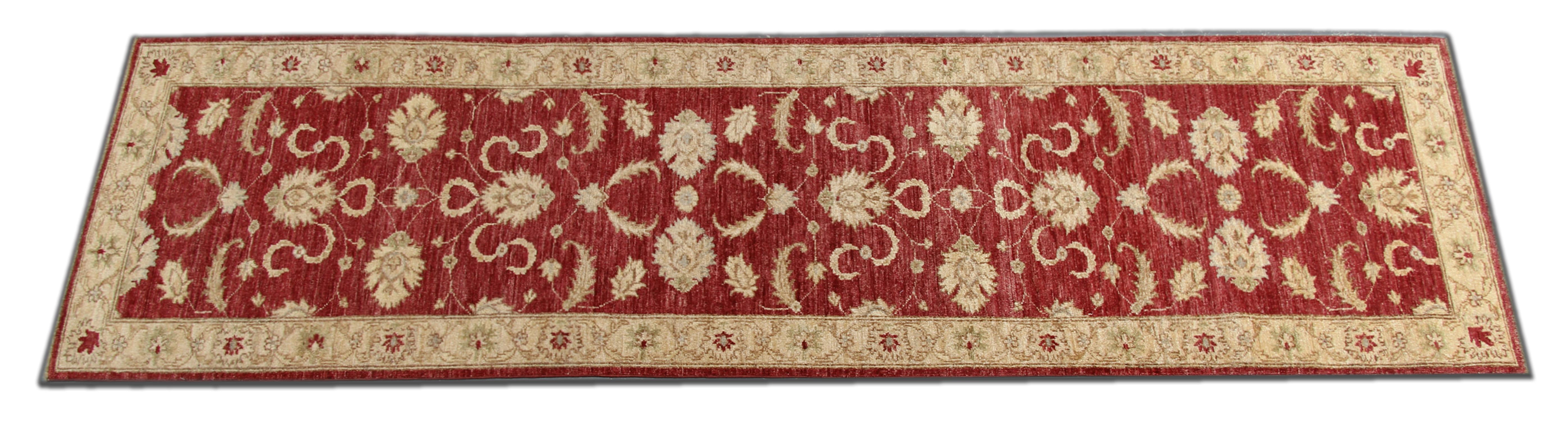 This modern Zielger runner rug features a traditional Sultanabad design. Woven on a loom in Afghanistan by master weavers. Woven with the finest hand-spun wool, which has been dyed using traditional organic vegetable dying techniques. The design