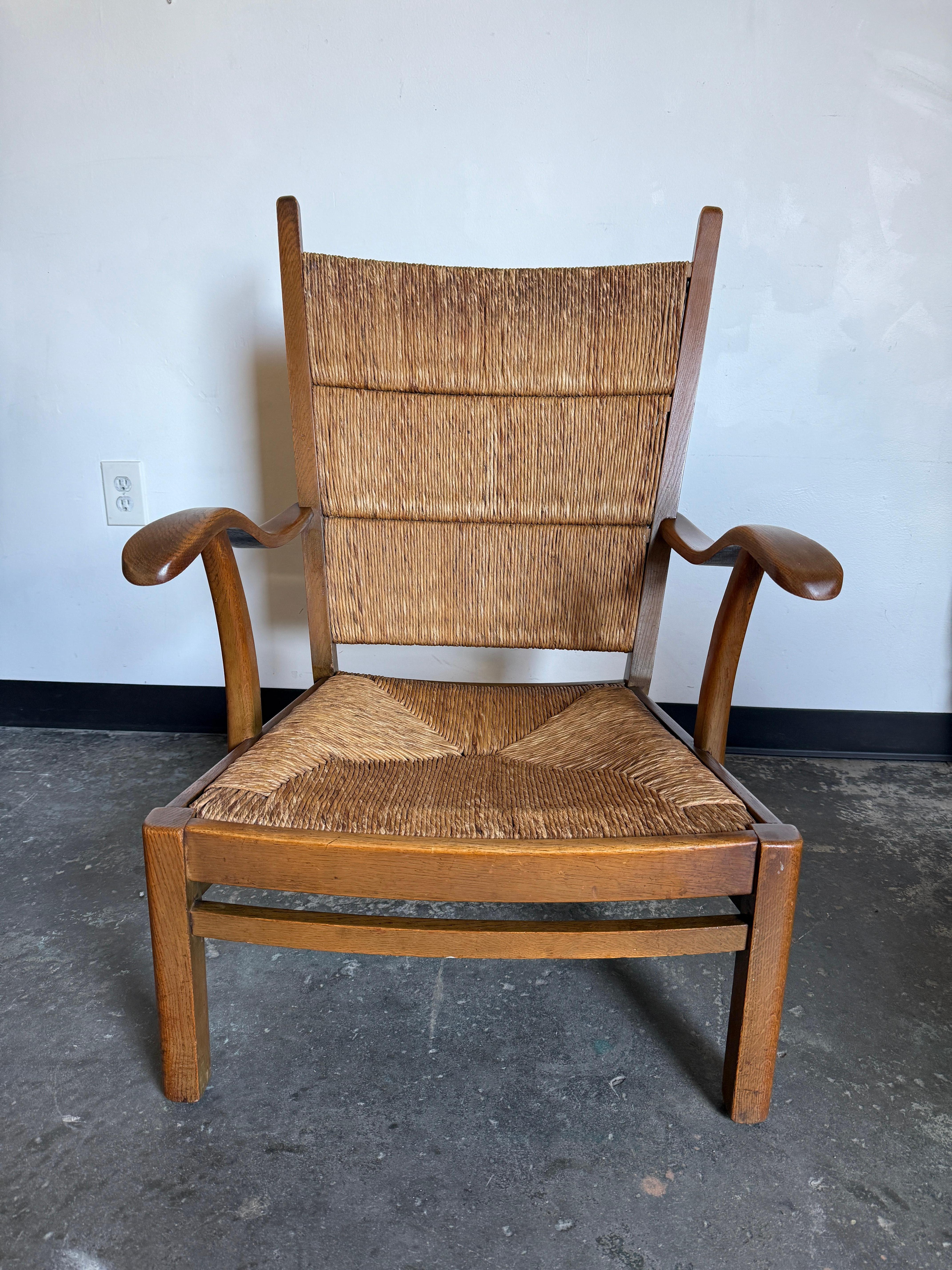 Scandinavian Modern Traditionalist Rush, Wood Armchair For Sale