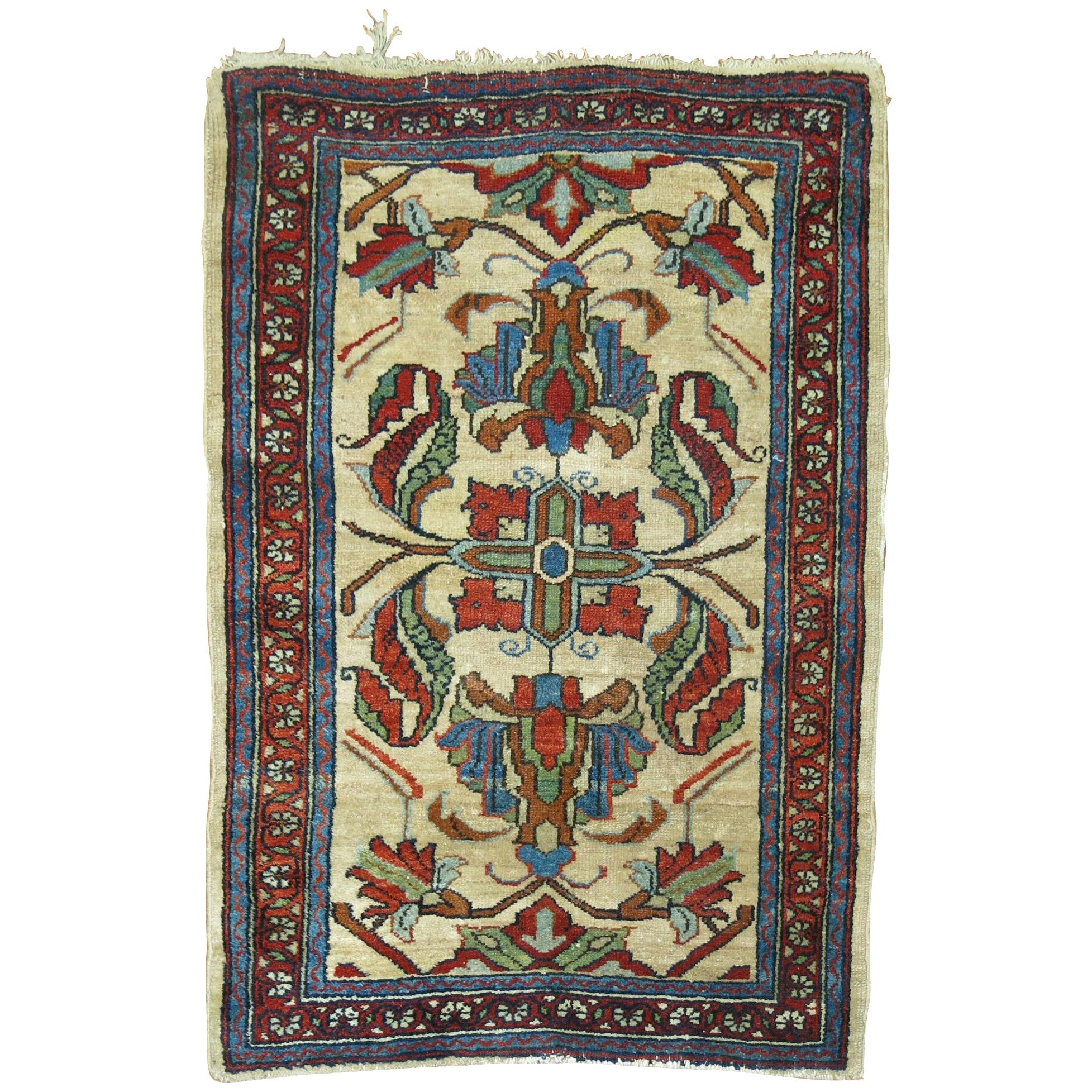 Traditonal Early 20th Century Ivory Ground Antique Persian Throw Rug For Sale