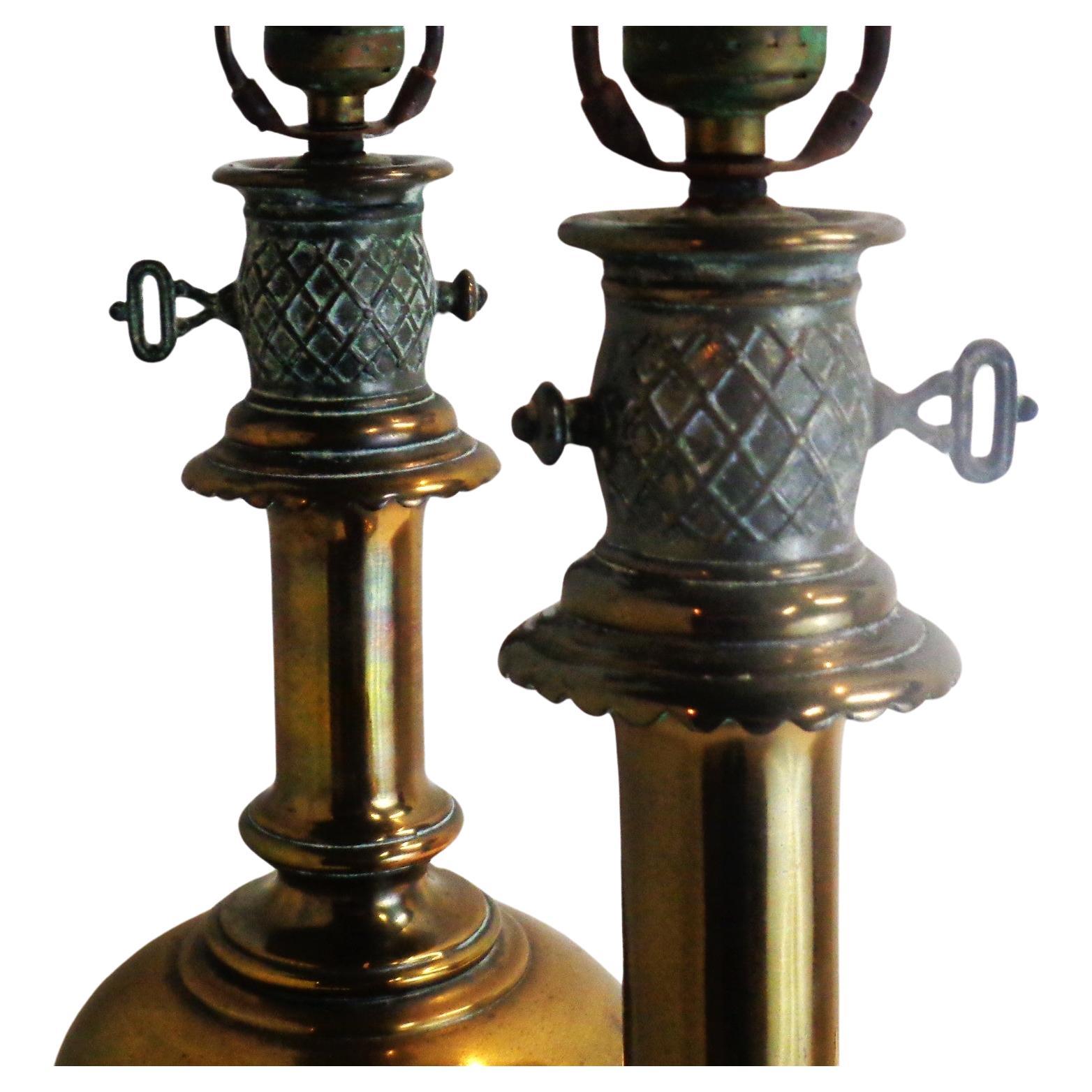 Patinated  English Regency Style Brass Table Lamps, 1940's For Sale