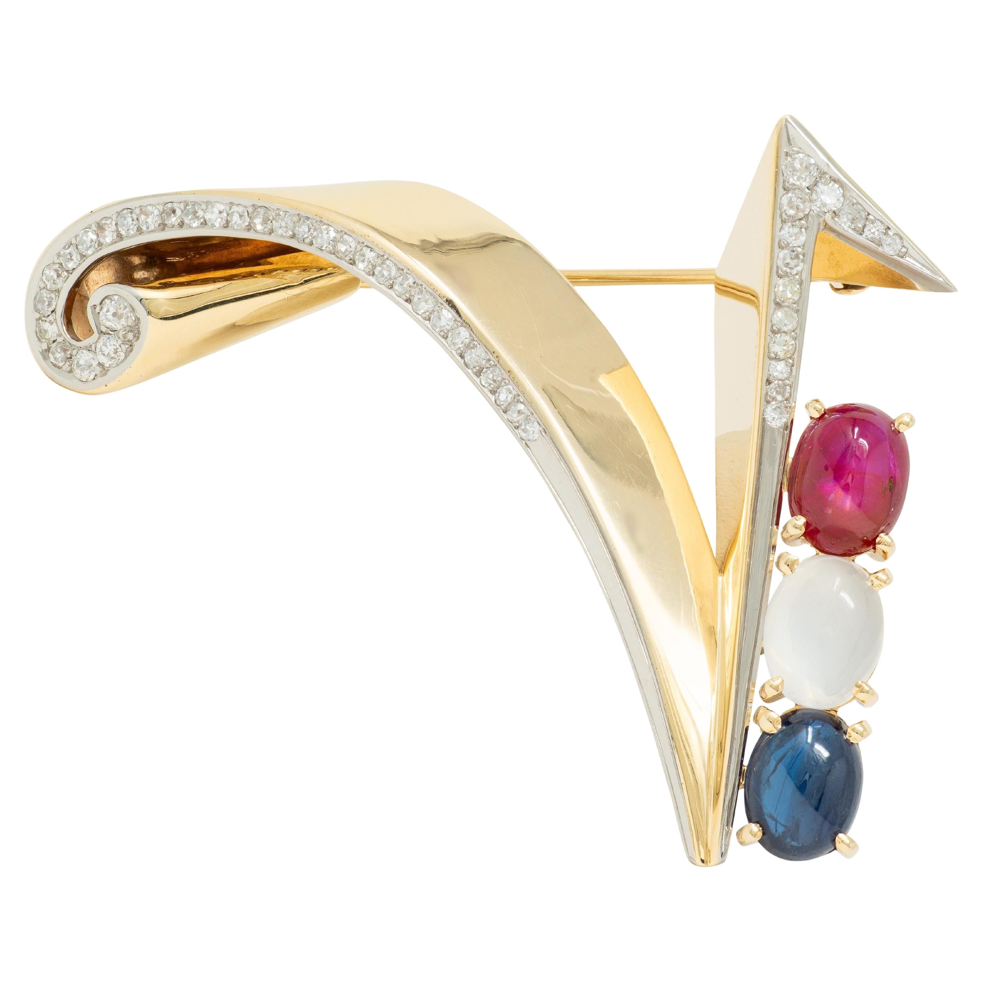 Traebert
Hoeffer Mauboussin 1945 Multi-Gem 14K Gold Vintage Victory Brooch