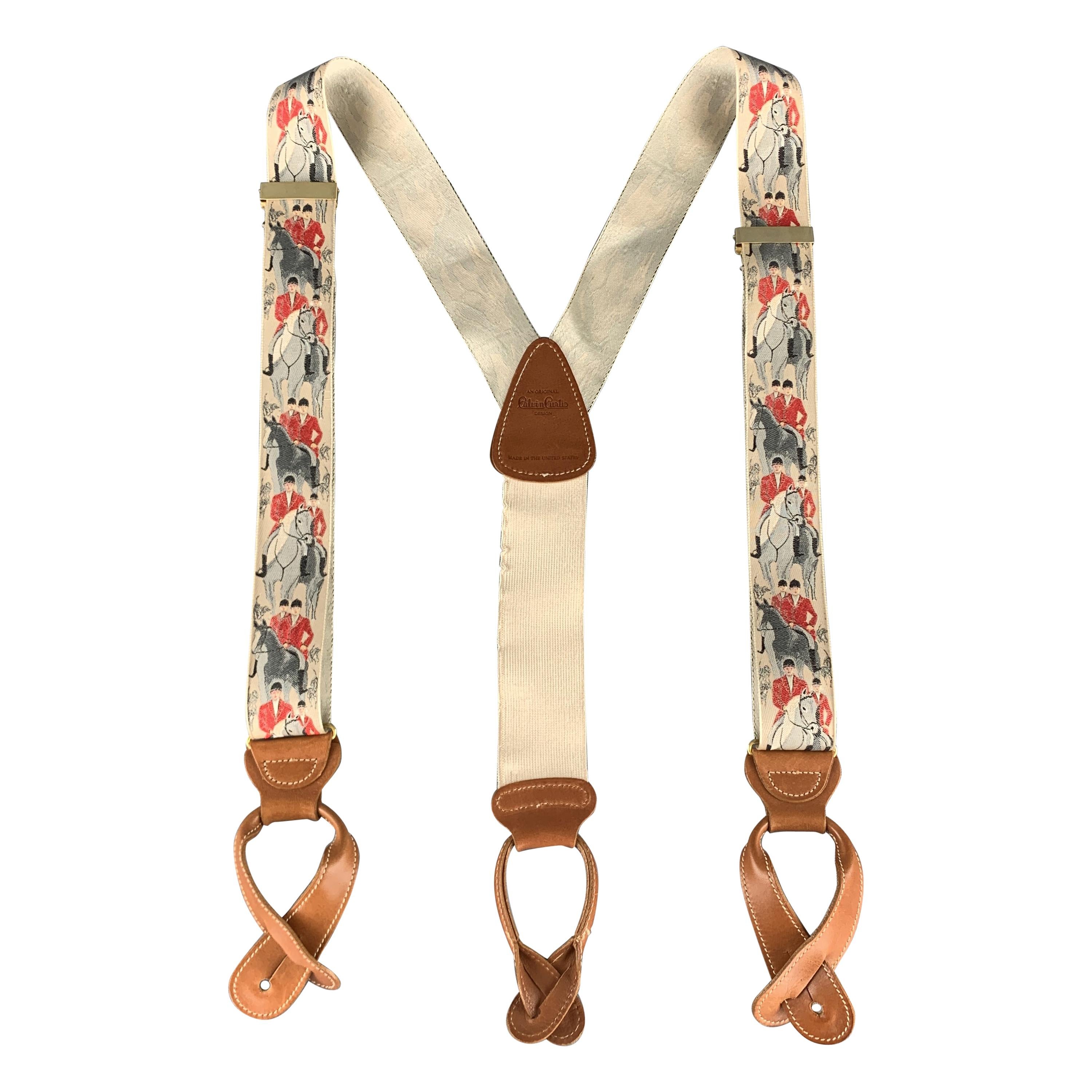 TRAFALGAR Beige Leather Trim Equestrian Ribbon Suspenders