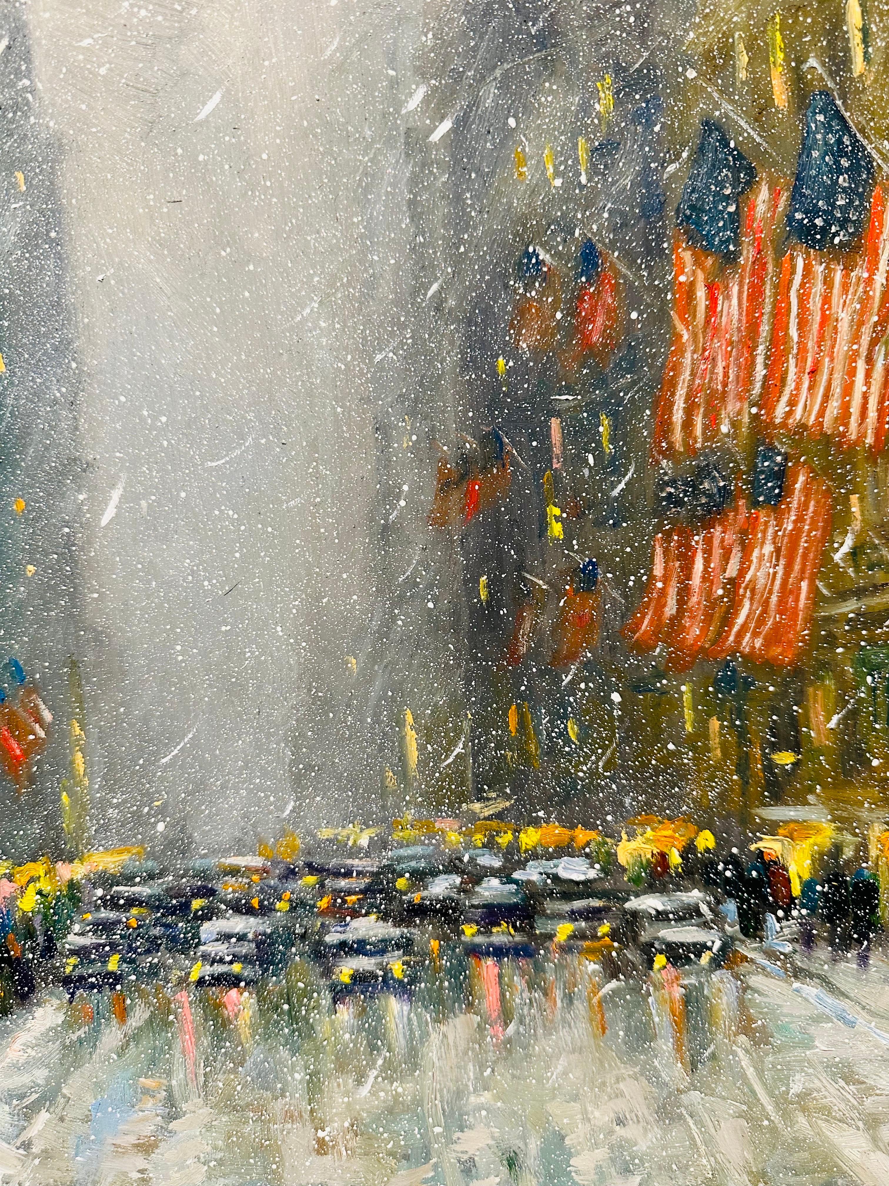 Impressionist New York City traffic jam on a winter day. Cars fill the street and snow fills the air. The city that never sleeps gleaming with patriotic pride. From early childhood to the present, Willett, a natural talent carried on the tradition