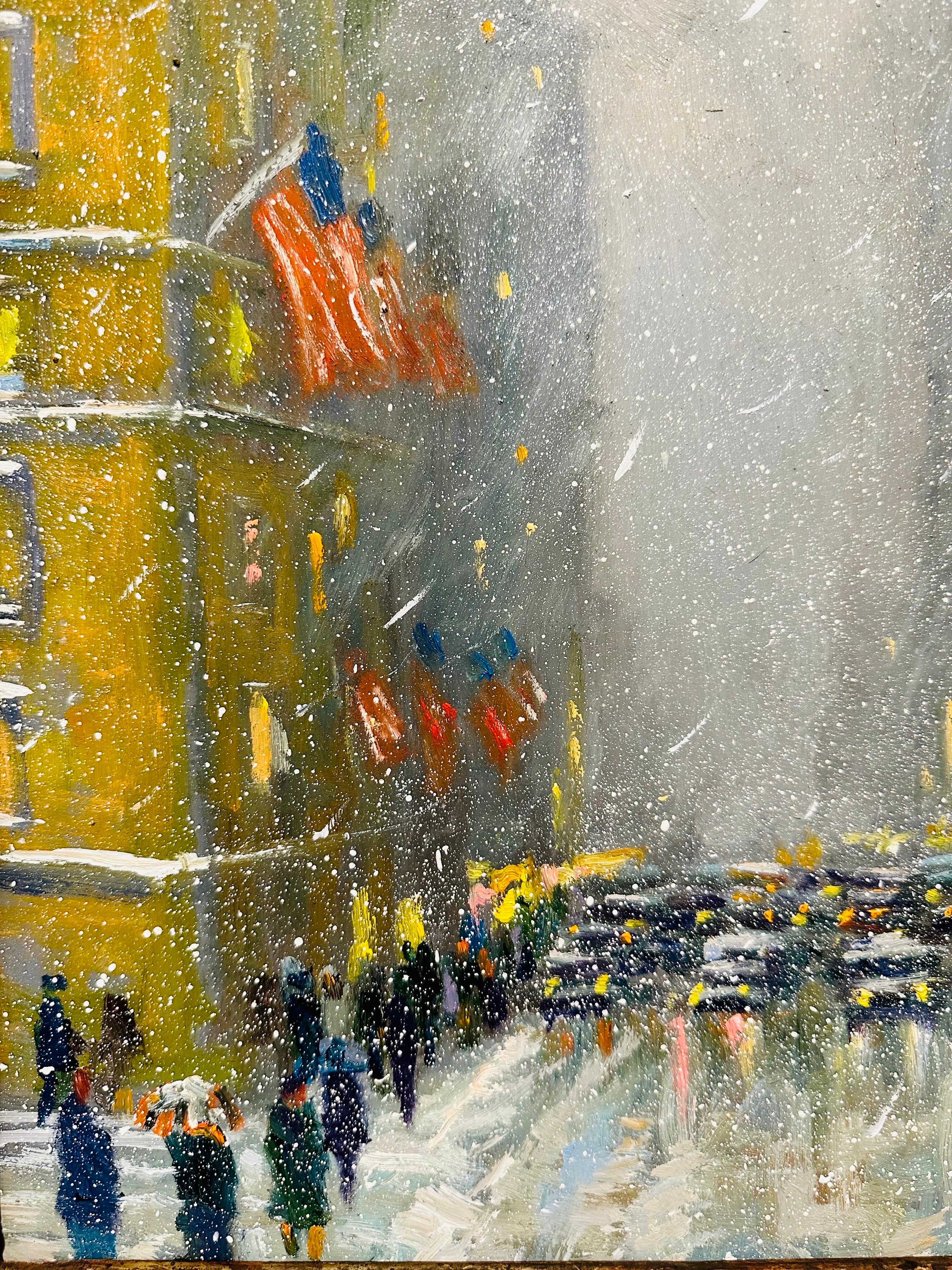 Impressionistische Winterwagenszene, Traffic Jam in New York City, Ölgemälde (Amerikanische Klassik) im Angebot