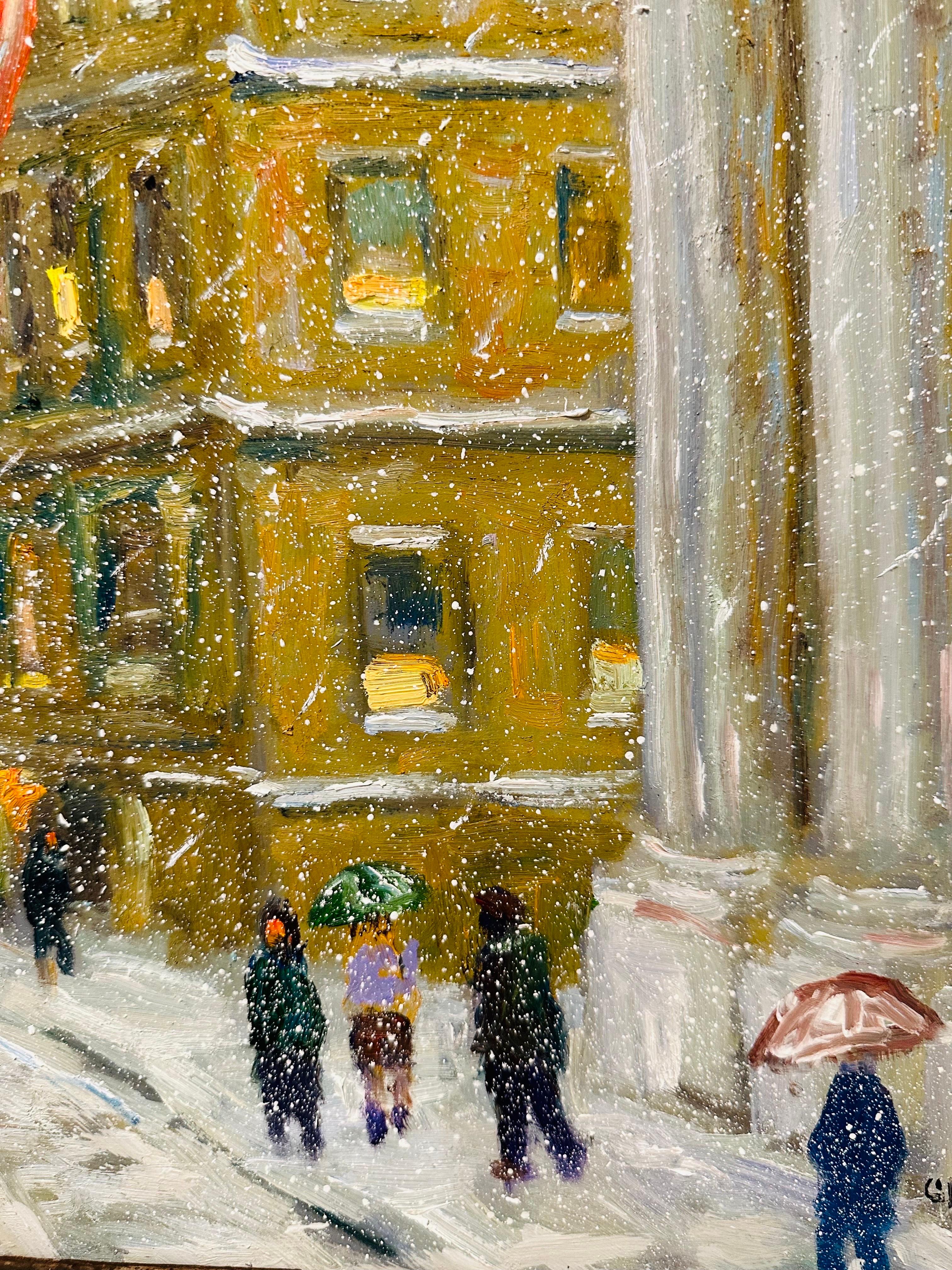 Oiled Traffic Jam in New York City Impressionist Winter Car Scene Oil Painting For Sale