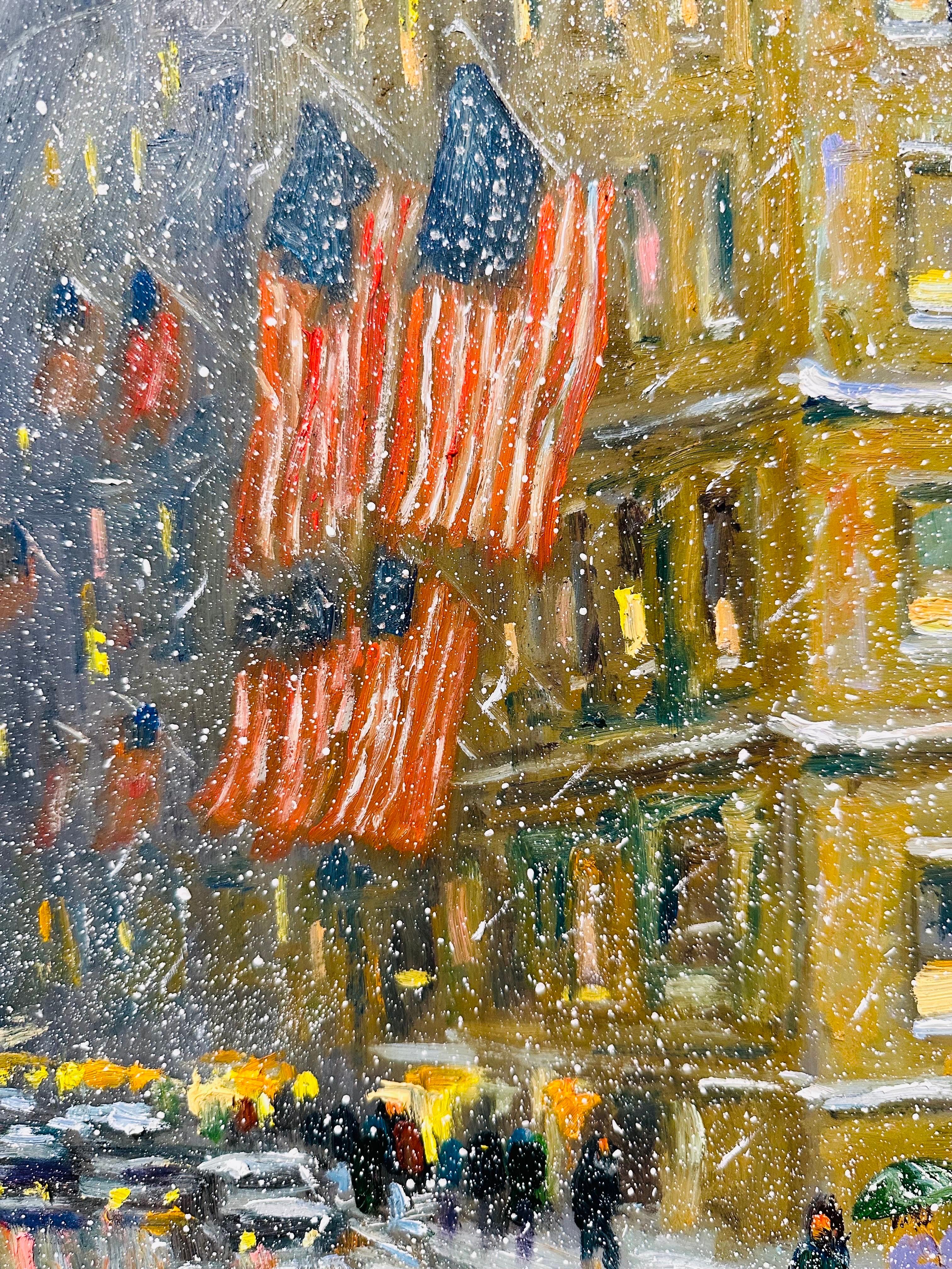 Traffic Jam in New York City Impressionist Winter Car Scene Oil Painting In Excellent Condition For Sale In Philadelphia, PA