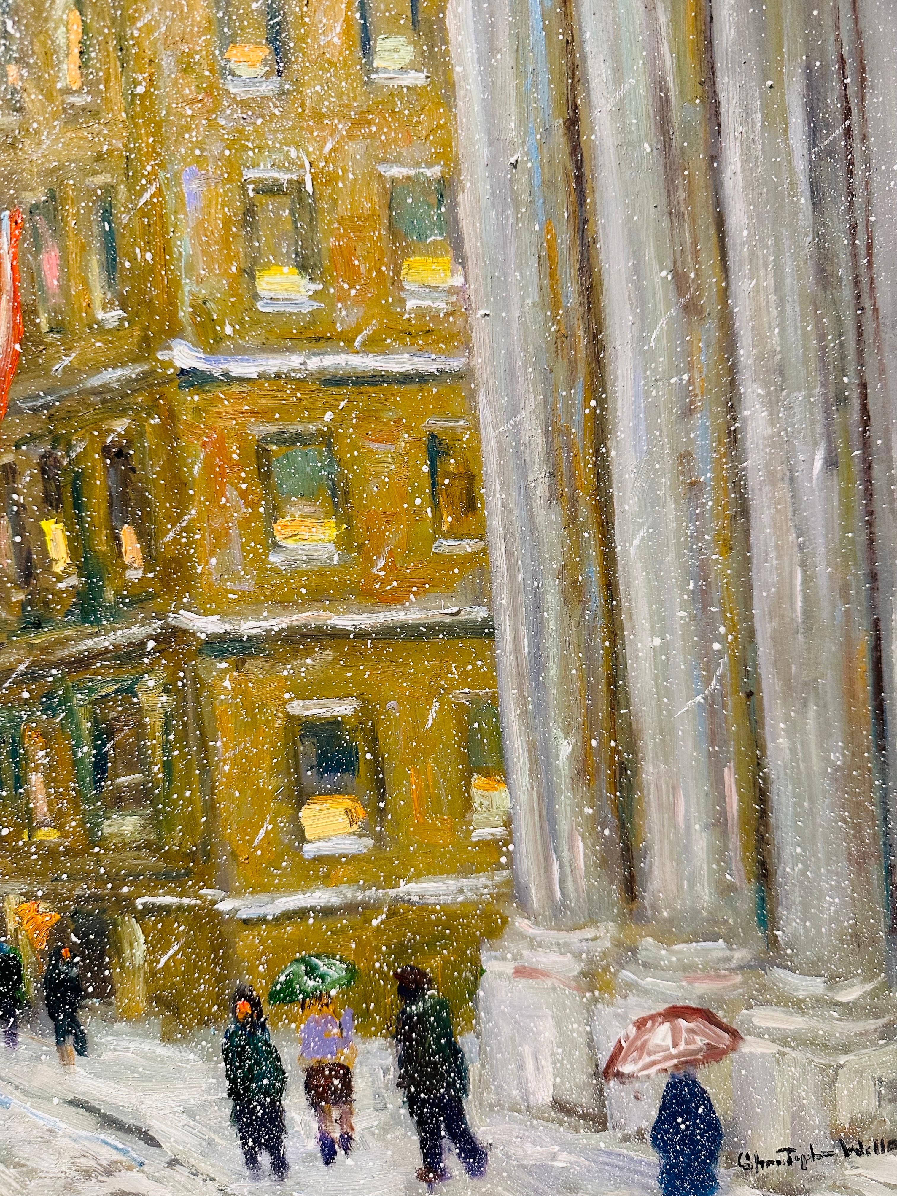 20ième siècle Peinture à l'huile impressionniste d'une scène de circulation d'hiver à New York en vente