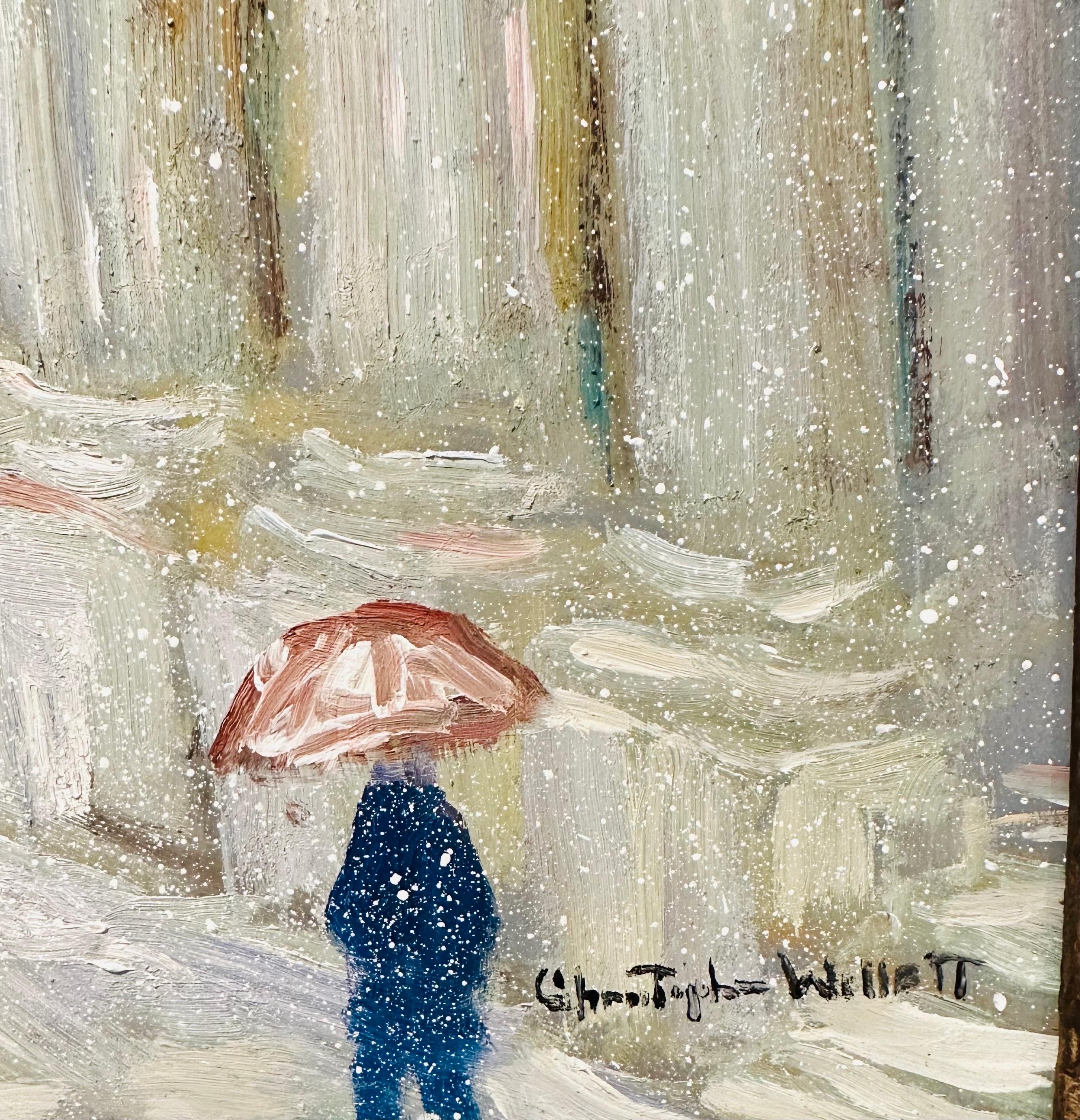 Canvas Traffic Jam in New York City Impressionist Winter Car Scene Oil Painting For Sale