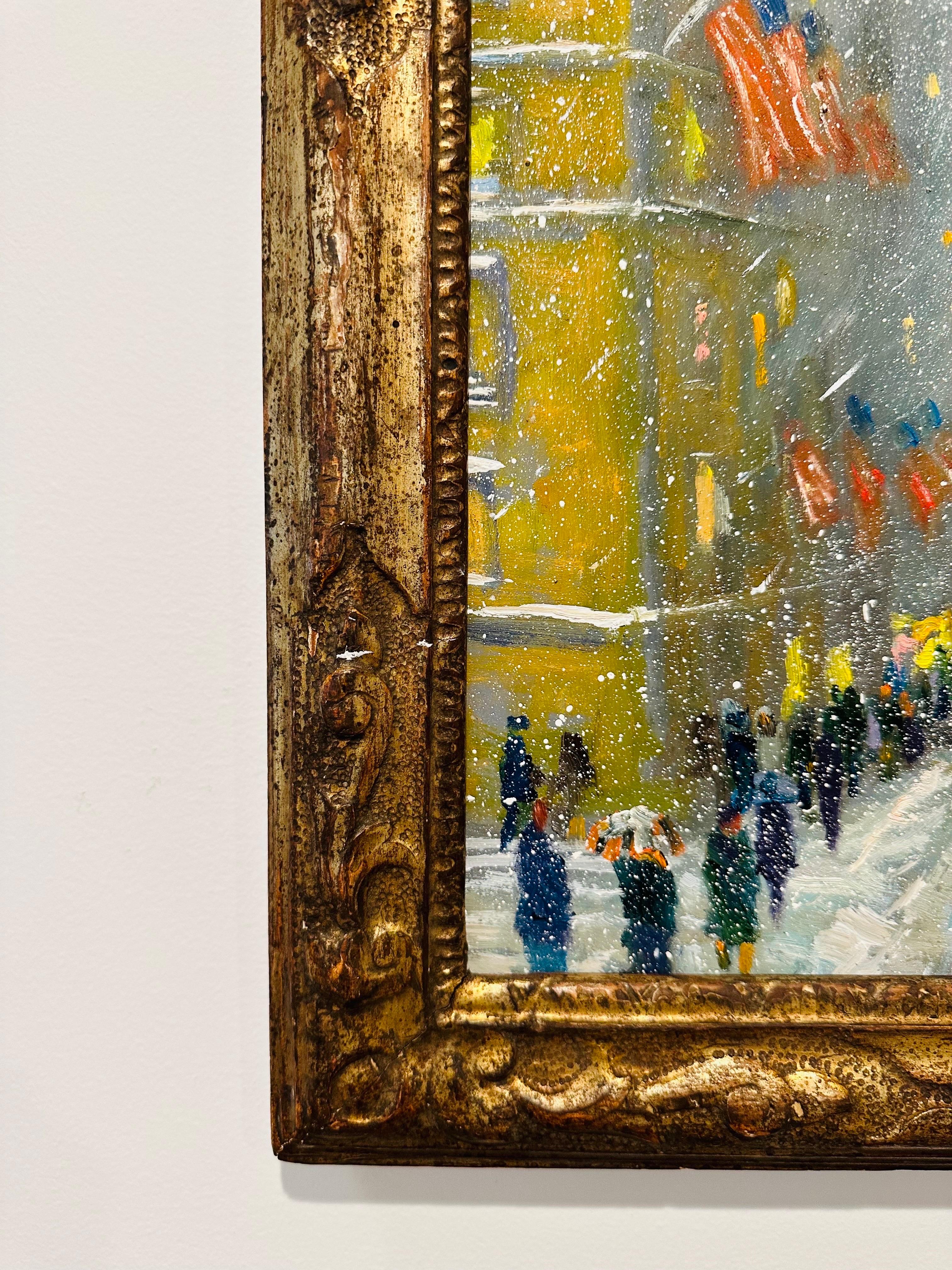Peinture à l'huile impressionniste d'une scène de circulation d'hiver à New York en vente 1