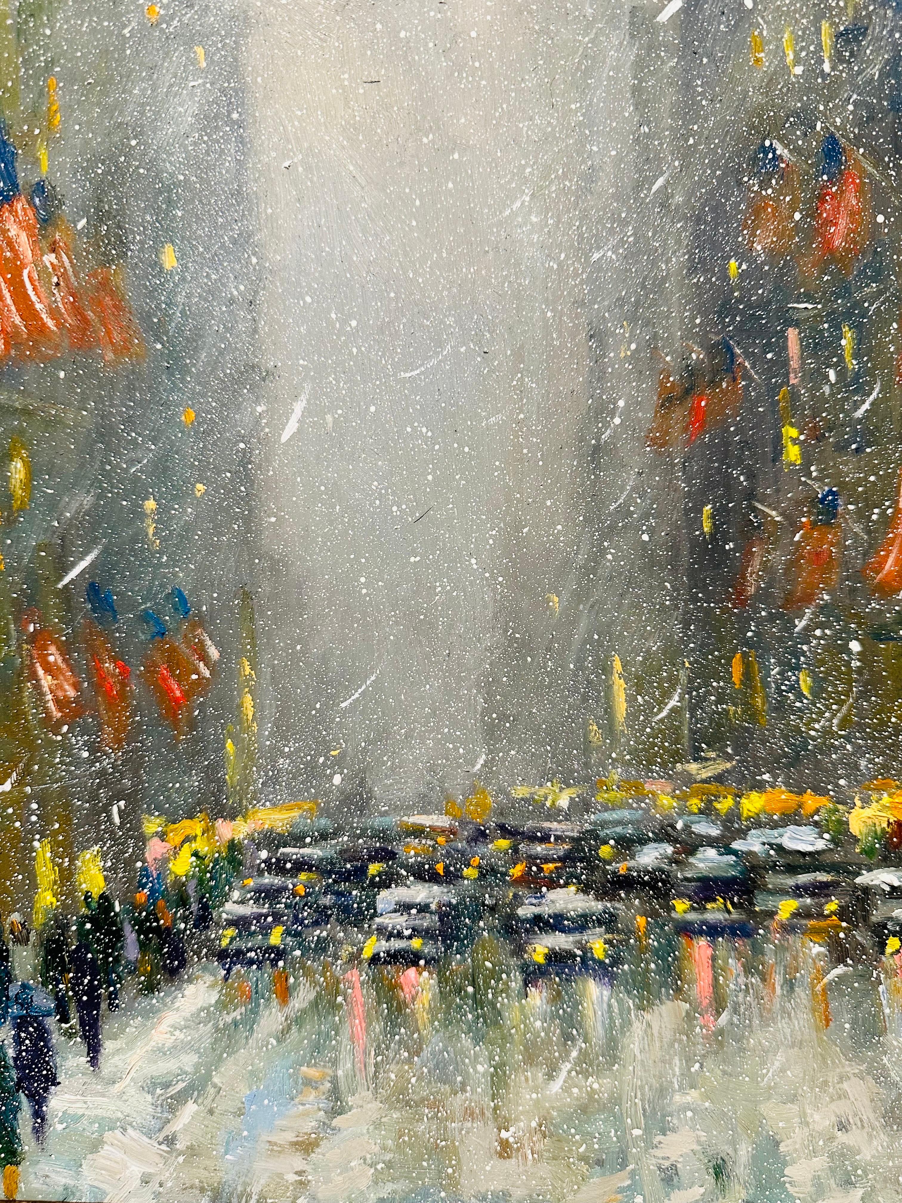 Peinture à l'huile impressionniste d'une scène de circulation d'hiver à New York en vente 2