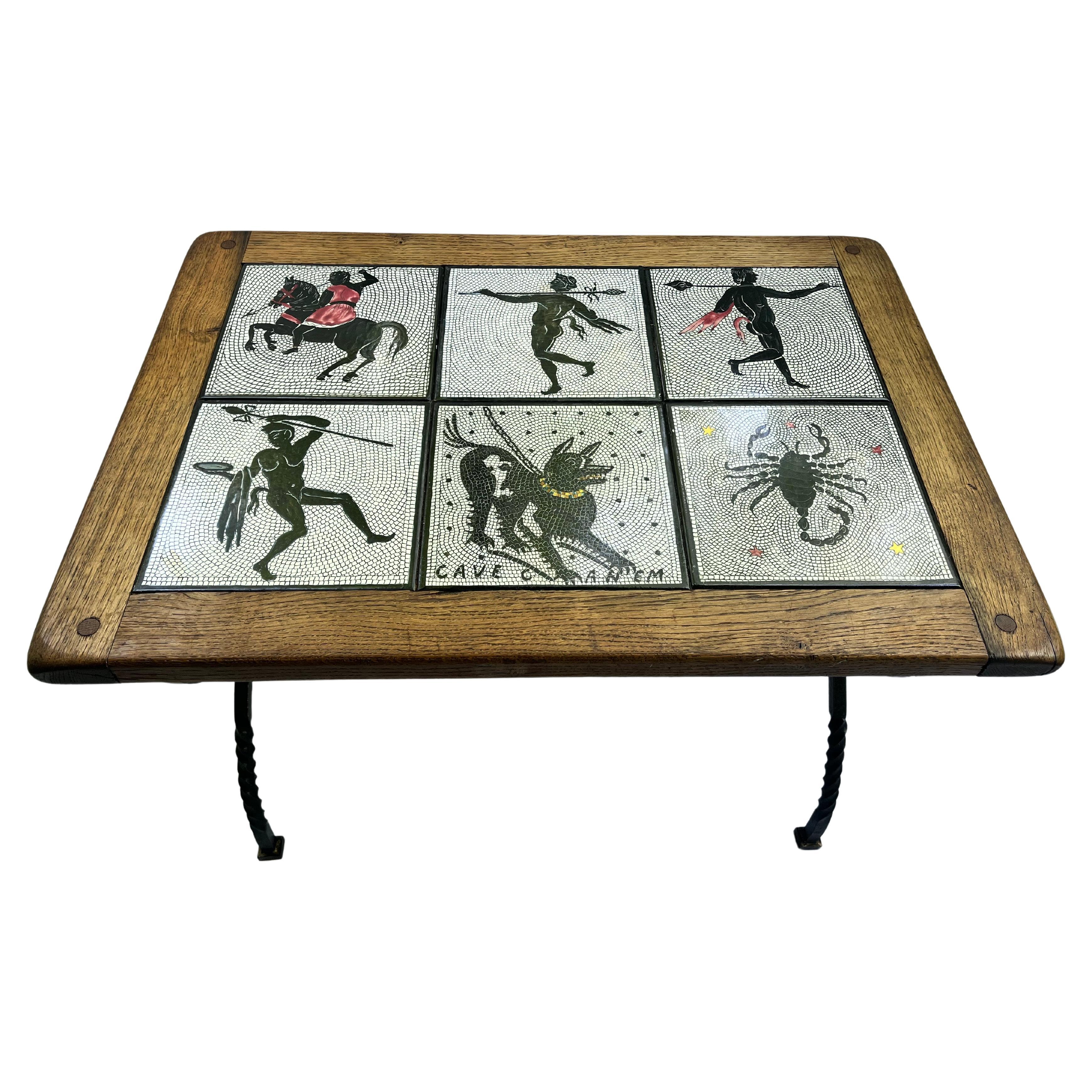 Tragic Poet House Italian Tile Top Wood and Wrought Iron Table Cave Canem Pompei For Sale