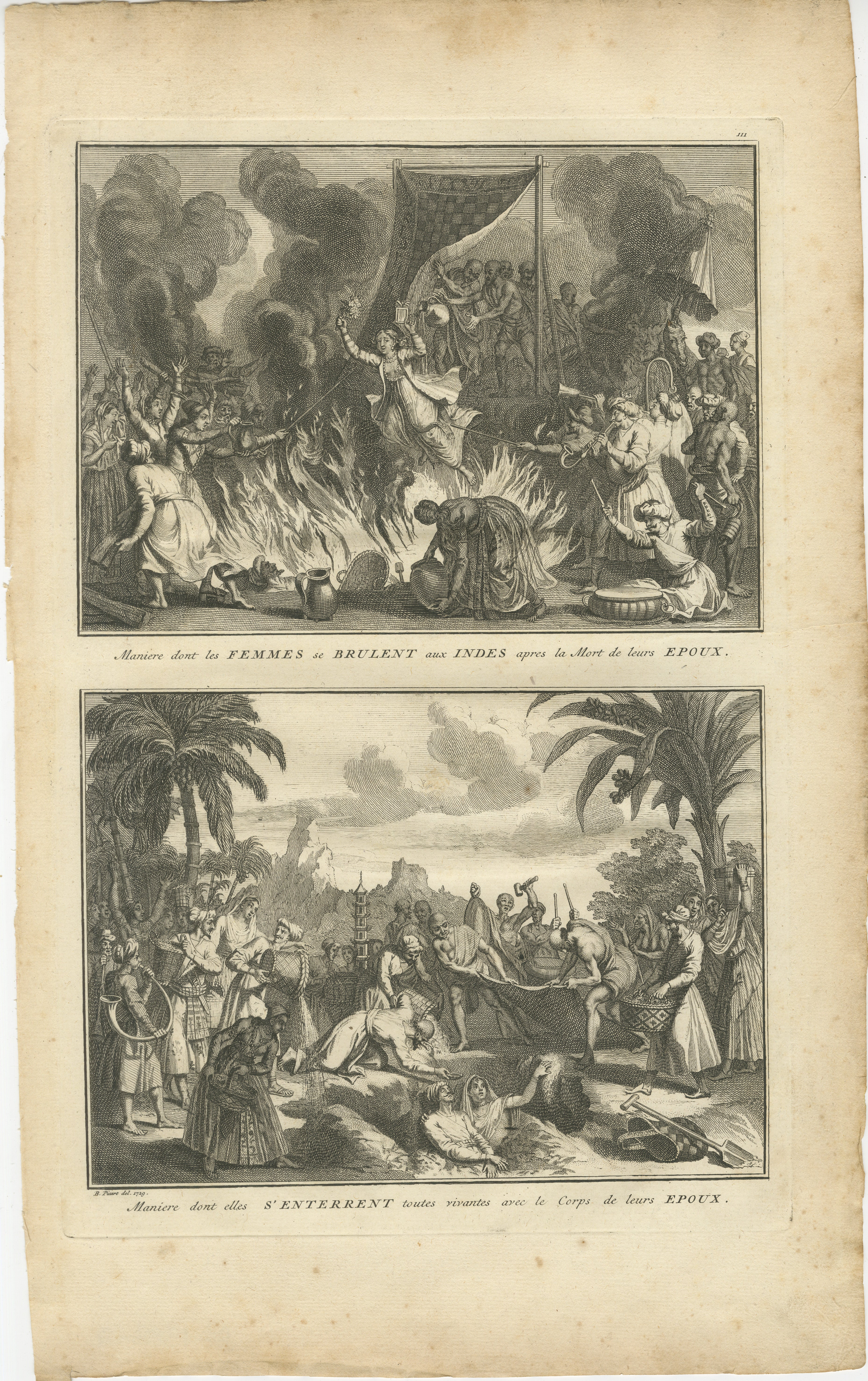 Ritos Trágicos de la Viudedad: Sati y costumbres funerarias en la India

Este grabado de Bernard Picart representa dos rituales dramáticos y sombríos asociados a la viudedad en la India:

1. Panel superior: La escena ilustra la práctica de Sati, en