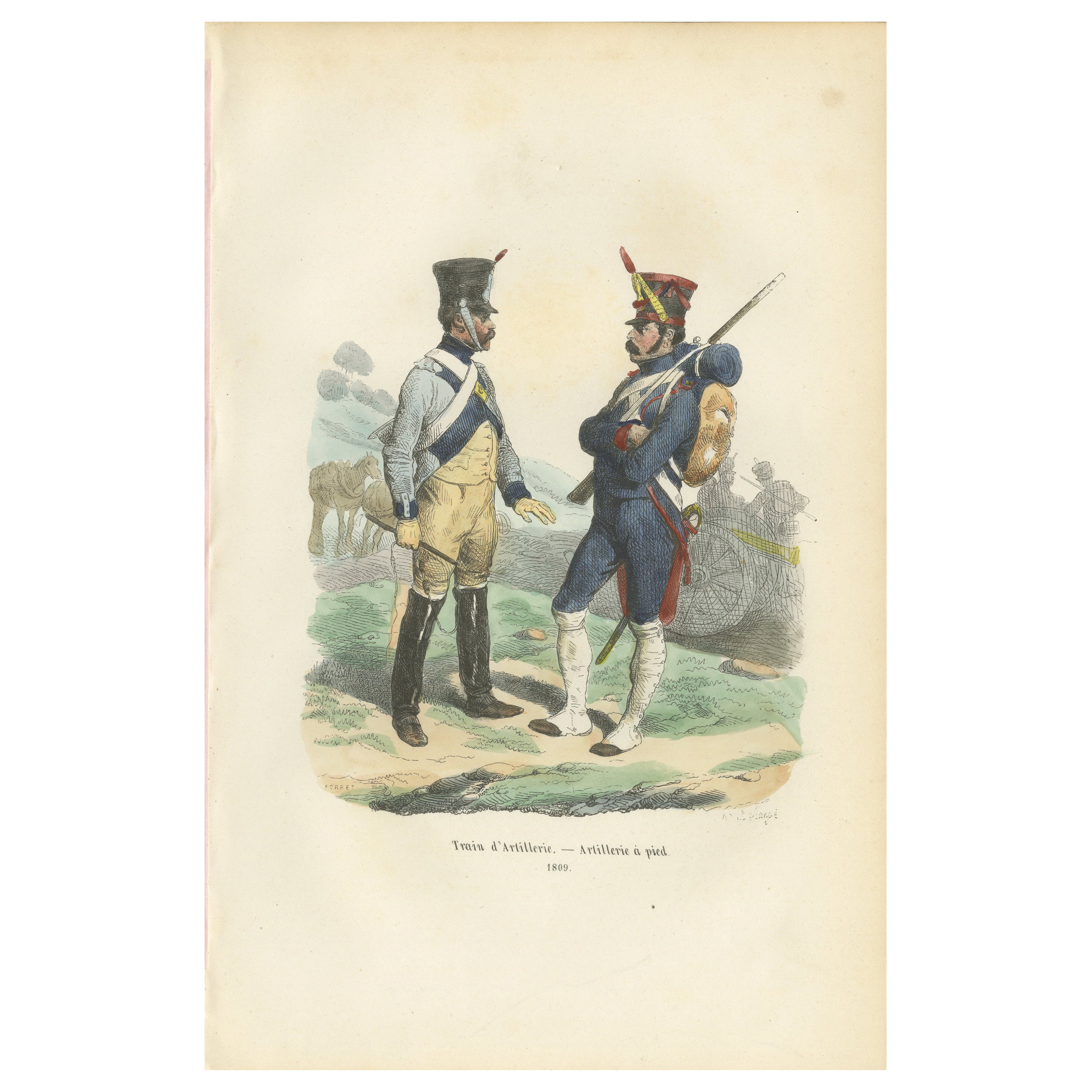 Train of Artillery and Foot Artillery, Napoleonic Military Print, Published 1843 en vente