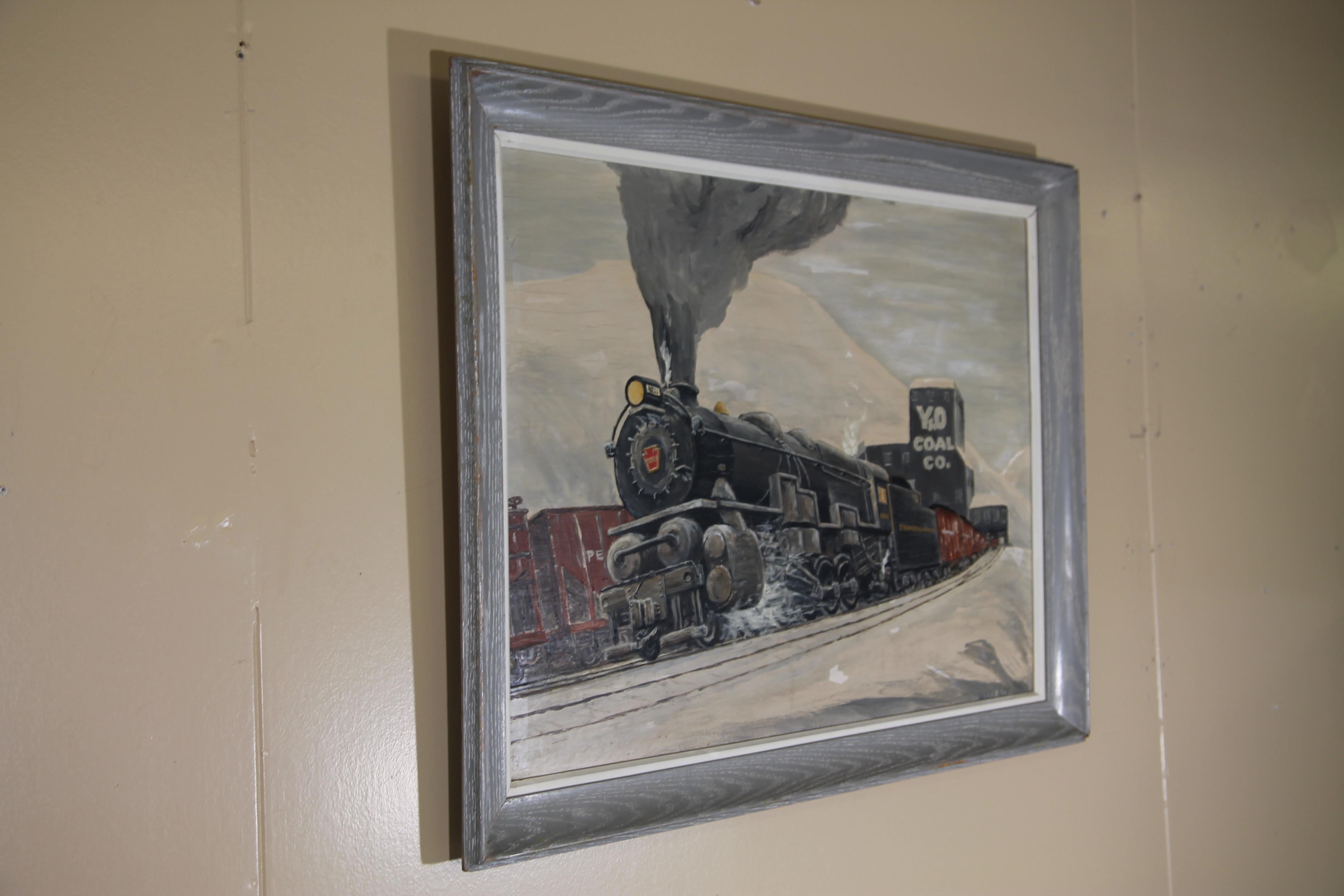 Wonderful train painting with original frame. We are guessing at the 1940s for this painting signed by the artist, WALLACE.