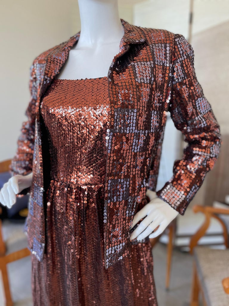 Traina by Geoffrey Beene 1960 Copper Sequin Evening Dress with Matching Jacket In Good Condition For Sale In Cloverdale, CA