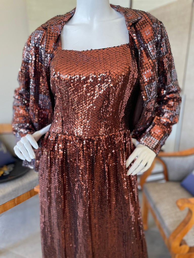 Traina by Geoffrey Beene 1960 Copper Sequin Evening Dress with Matching Jacket For Sale 1