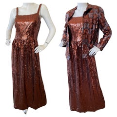 Retro Traina by Geoffrey Beene 1960 Copper Sequin Evening Dress with Matching Jacket