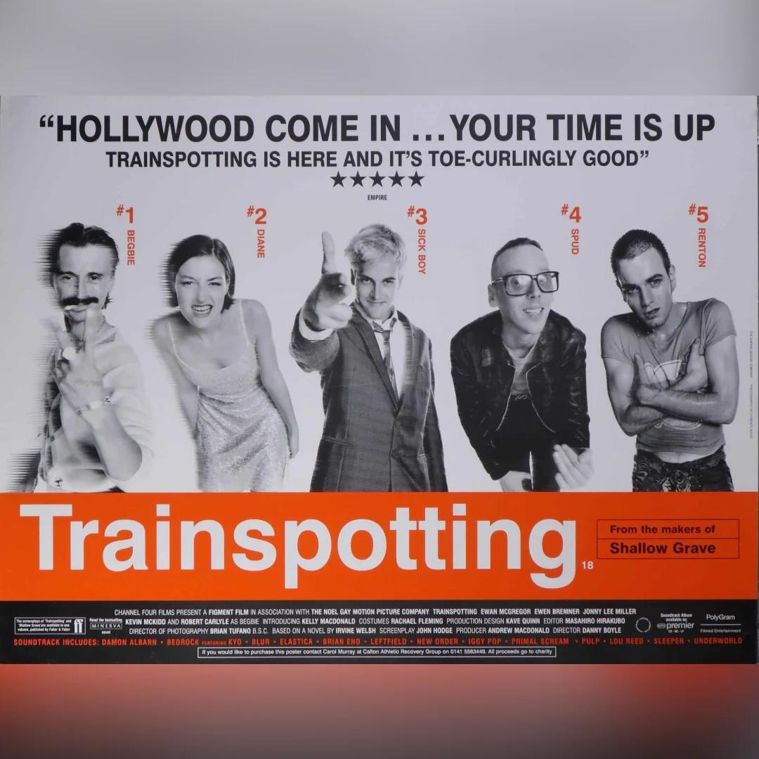 Trainspotting (1996)
Original British Quad (30 X 40 Zoll)

Dies ist ein seltenes britisches Filmplakat aus dem Ursprungsland. Danny Boyles elektrisierende Verfilmung des Romans von Irvine Welsh war nicht nur ein unerwarteter Erfolg, sondern ein