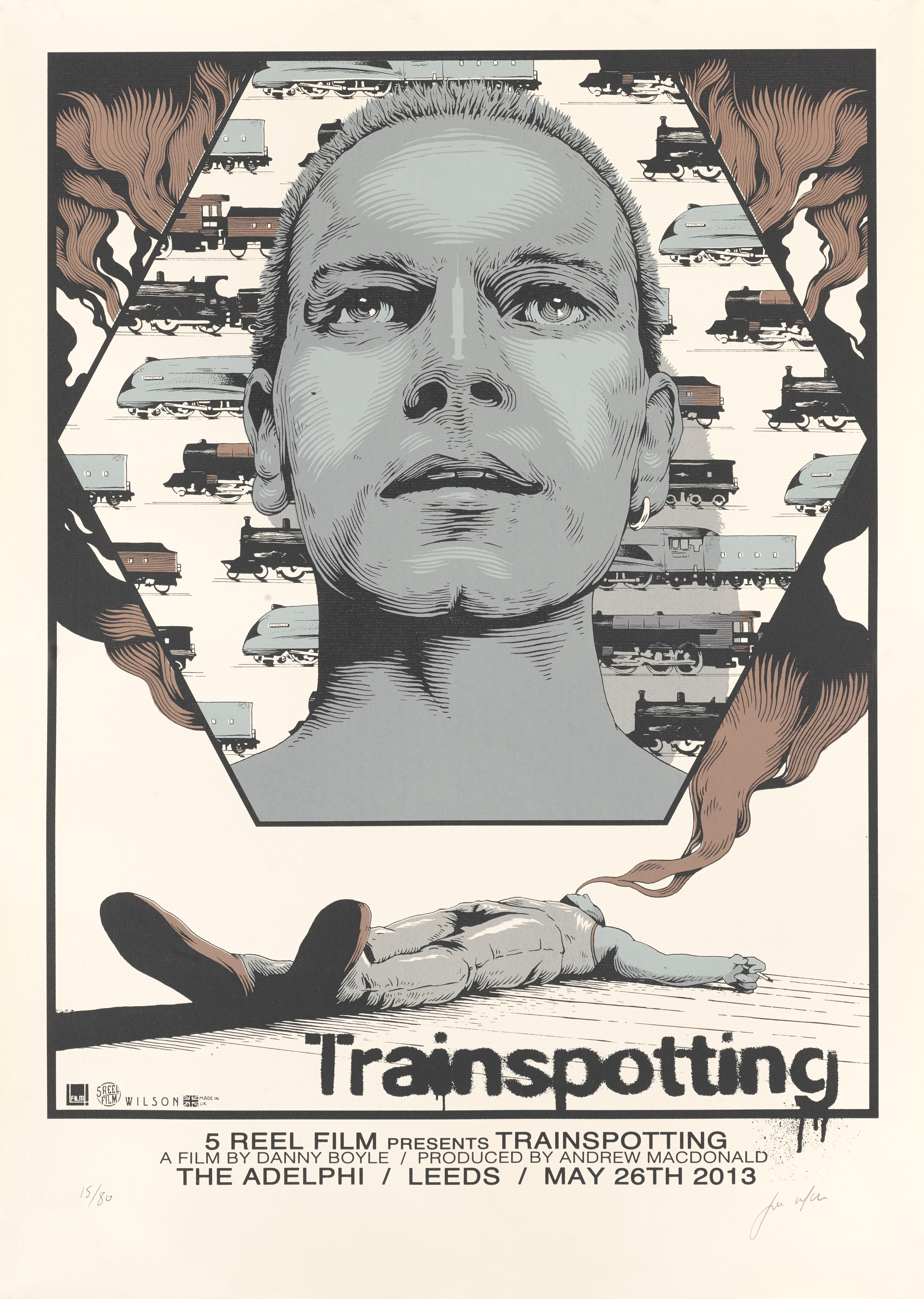 Trainspotting is a cult British drama from 1996 starring Ewan McGregor, Ewen Brenner and Jonny Lee Miller this four-color screen print limited is a Limited edition 15/80 for one showing on the 26th May 2013 at the Adelphi in Leeds, UK, The artwork