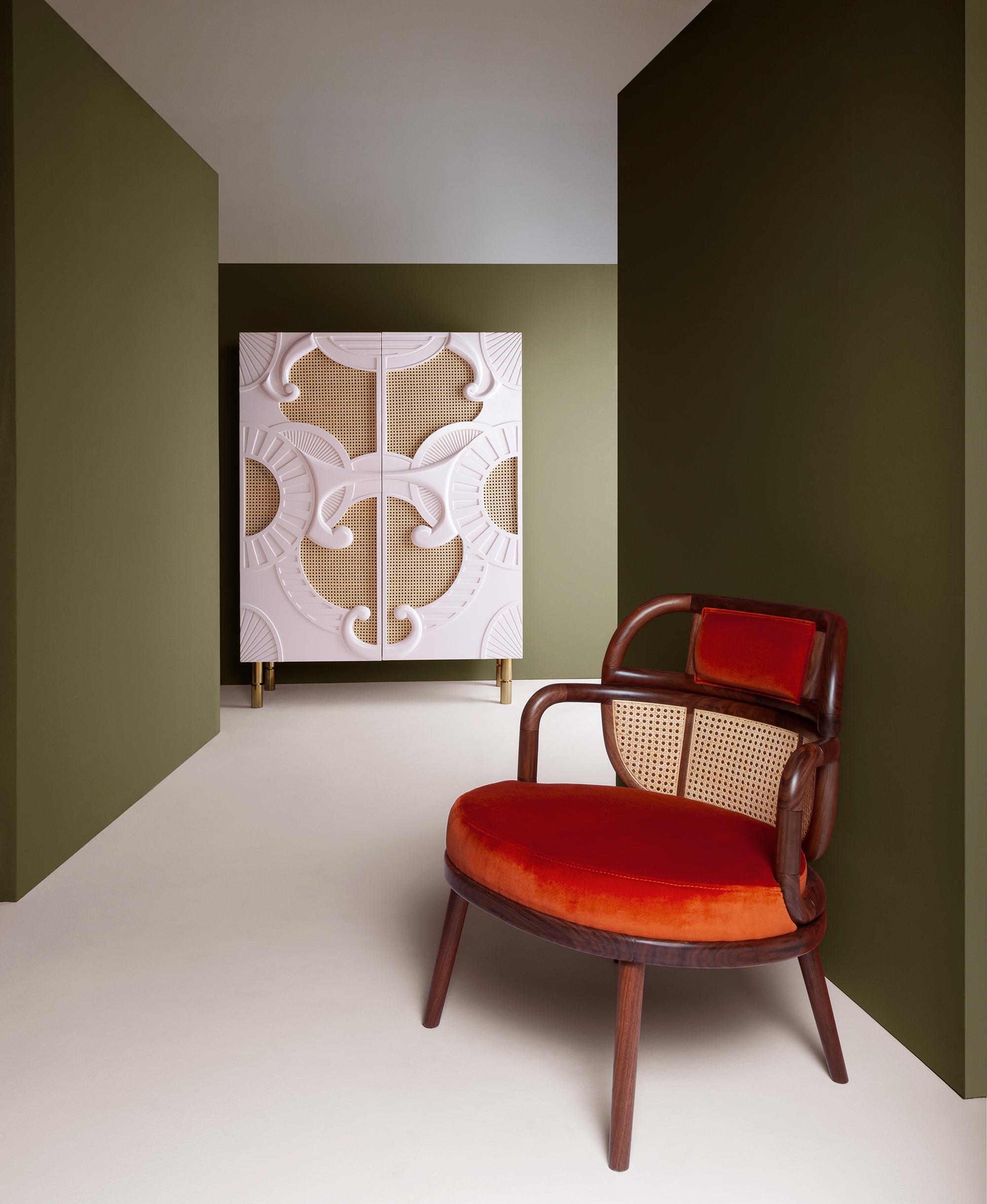 Bauhaus DOOQ Organic Modern Bar Cabinet, Hand Sculpted Doors and Rattan Traje De Luces For Sale