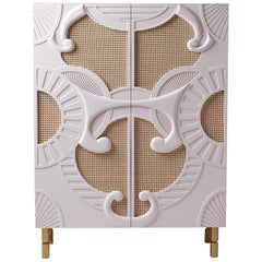 DOOQ Organic Modern Bar Cabinet, Hand Sculpted Doors and Rattan Traje De Luces