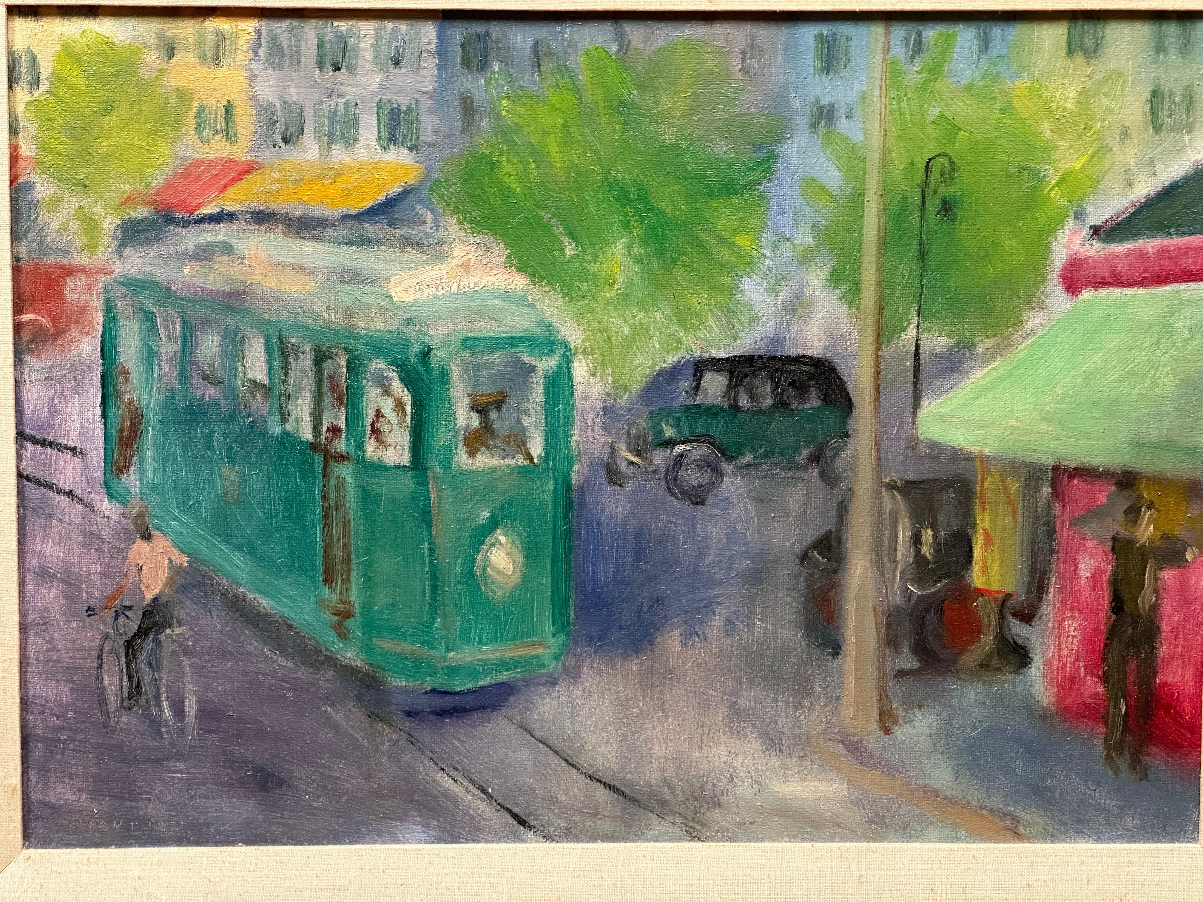 Captured on canvas with delicate impressionist strokes, this oil painting transports us to the bustling streets of San Francisco. On the left, a vintage blue-green tram glides towards the foreground. Opposite, a lone bicyclist casually passes by the