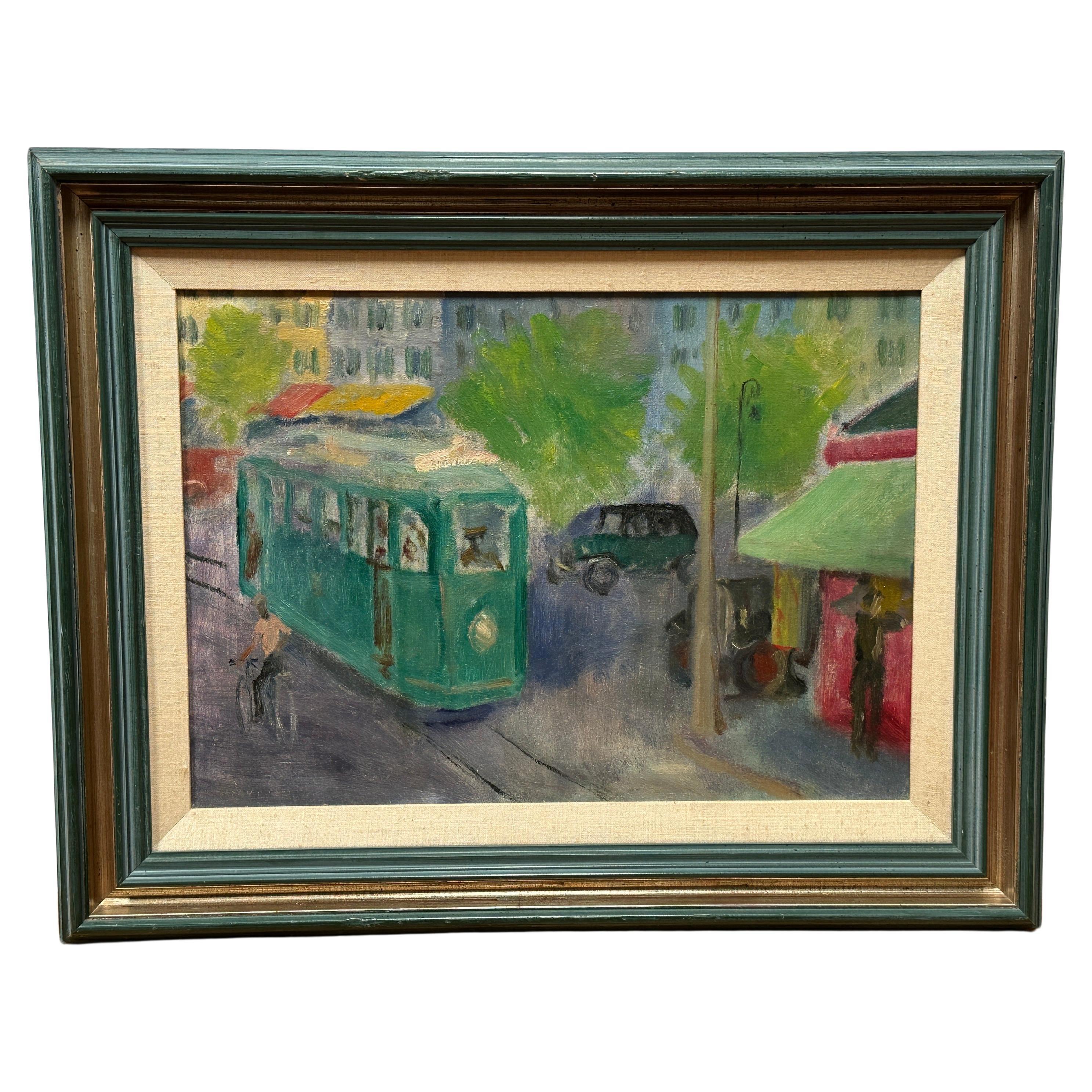 Tram in the Streets of San Francisco Oil Painting on Canvas For Sale
