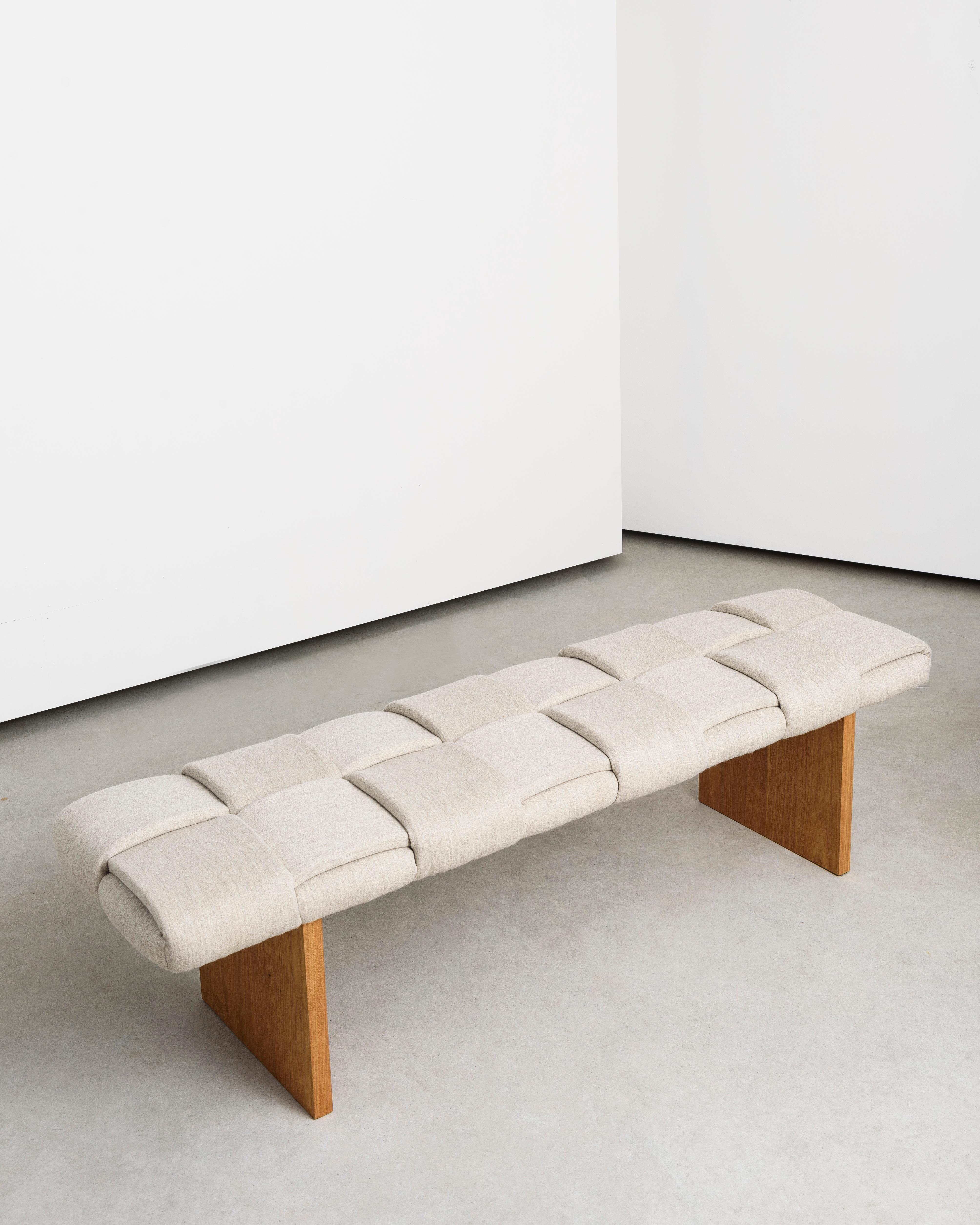 The Trama collection was created around the concept of tress. Started in 2014 today it has a variety of pieces with different typologies .

Trama Benches 22 are made with wool fabric and foam stripes, woven and stitched by hand. The structure is