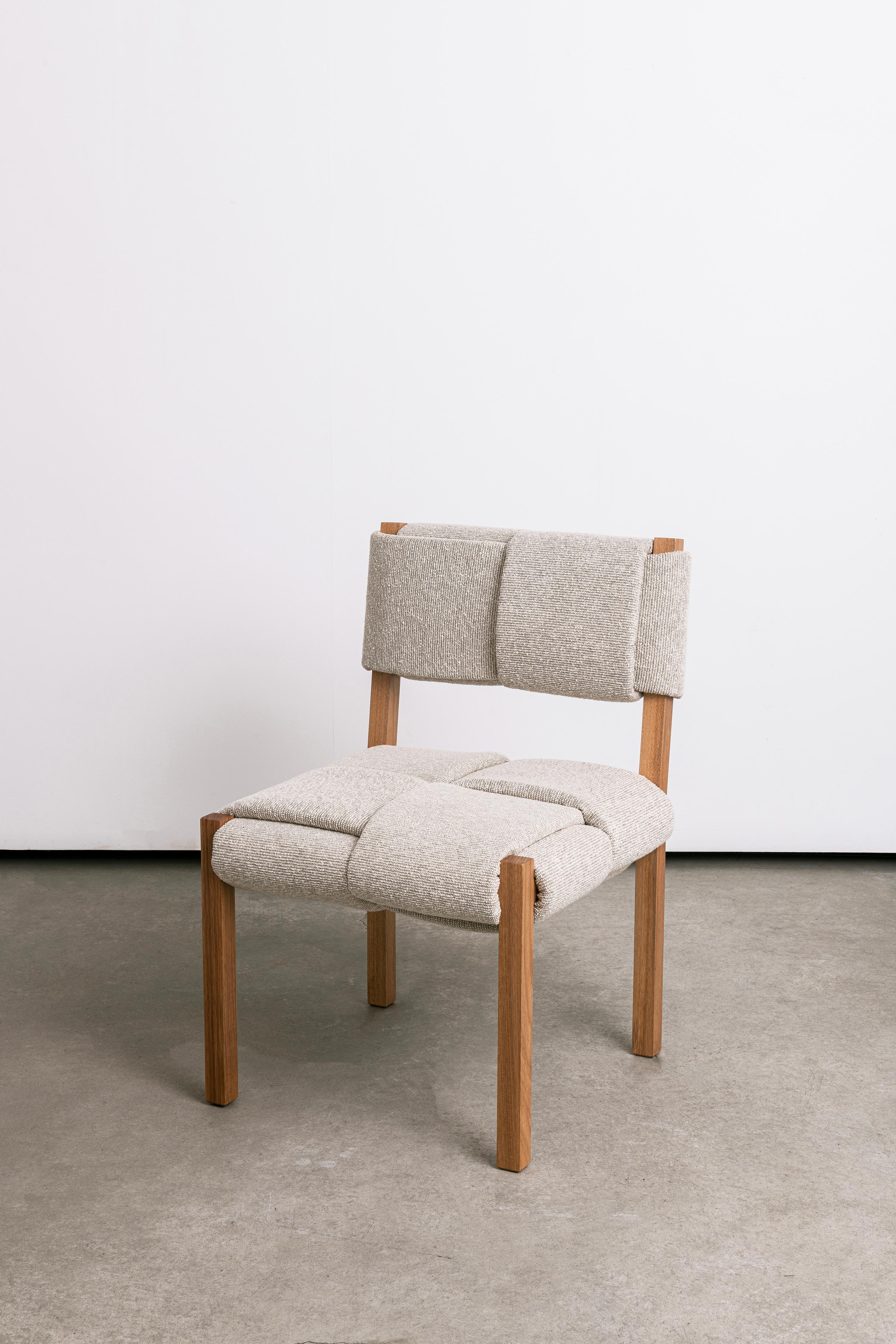 The Trama collection was created around the concept of weaving. Started in 2014 today it has a variety of pieces with different typologies.

Trama Chair is constructed with fabric and foam stripes, woven and stitched by hand in a solid wood