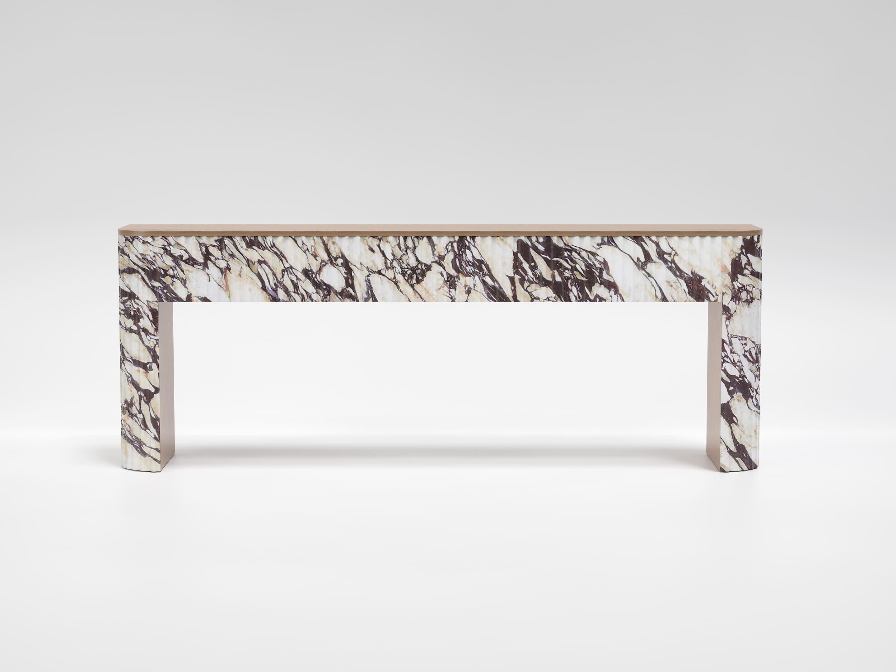 Modern Trama-Contemporary classic console table in Calacatta Viola marble and oak wood For Sale
