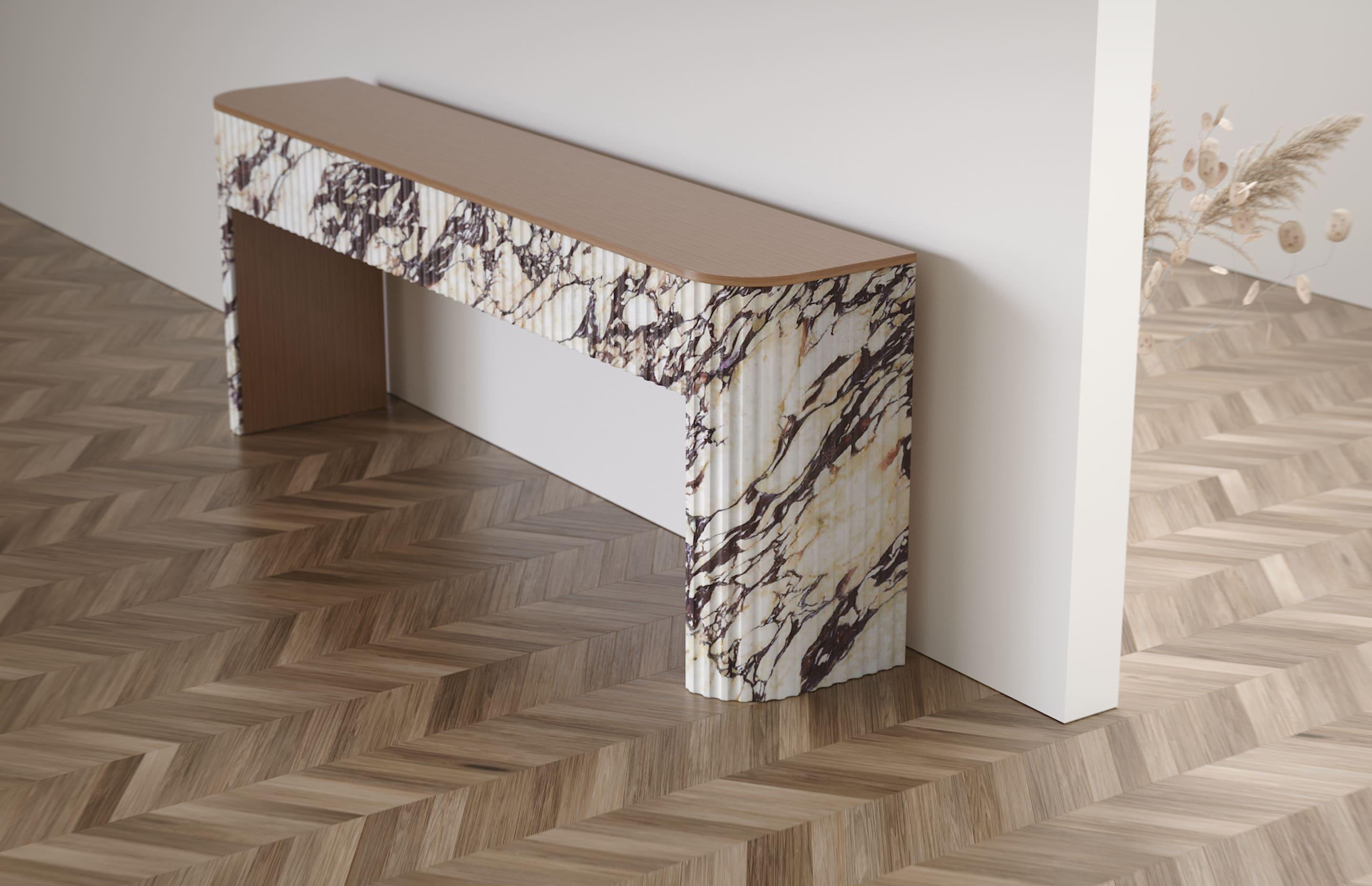 Marble Trama-Contemporary classic console table in Calacatta Viola marble and oak wood For Sale