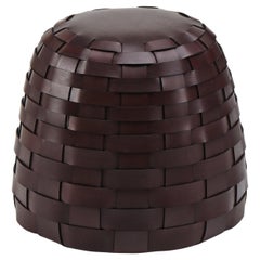 Trama Medium Round Chocolate Leather Pouf