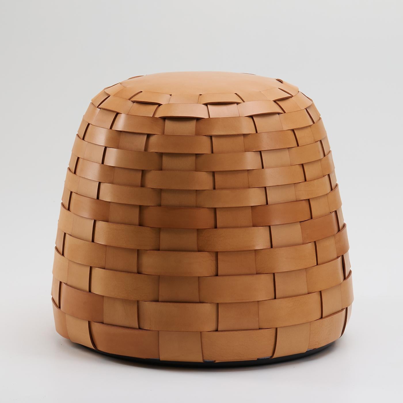 Contemporary Trama Medium Round Natural Leather Pouf For Sale