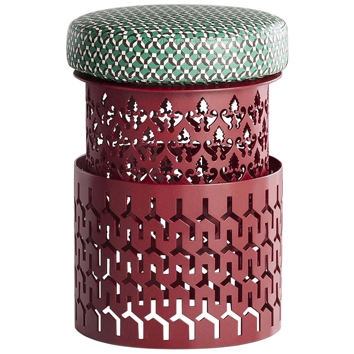 Trame Small Round Red Pouf with Green Cushion For Sale