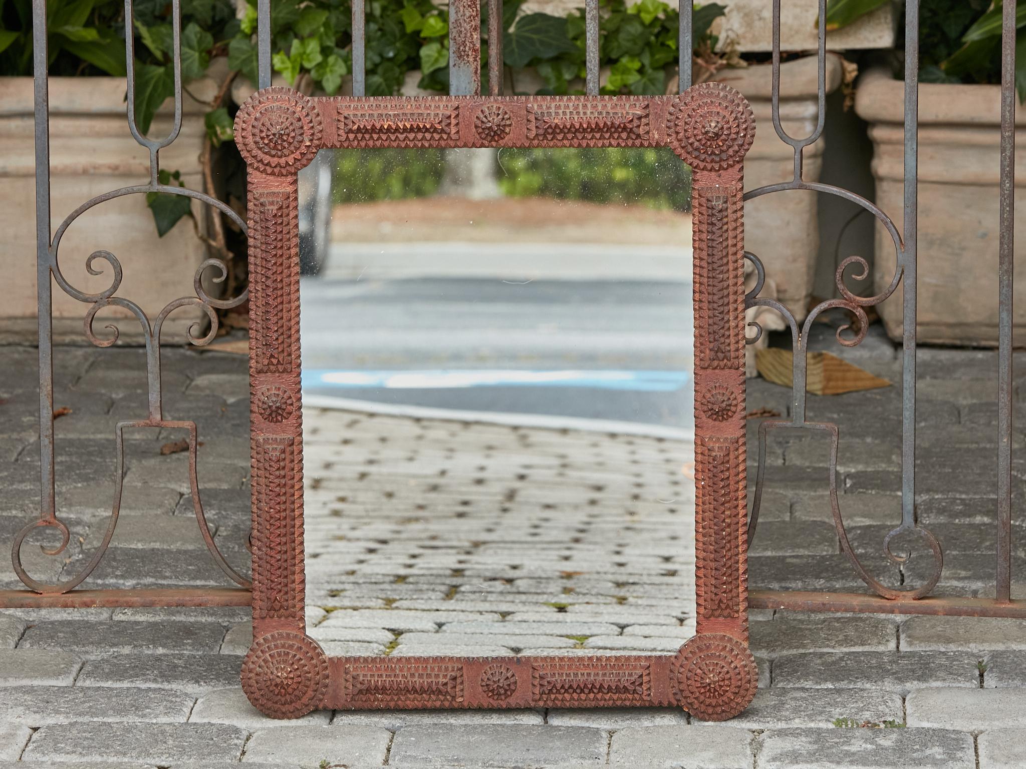 Folk Art Tramp Art 1900s Turn of the Century French Carved Mirror with Raised Medallion For Sale