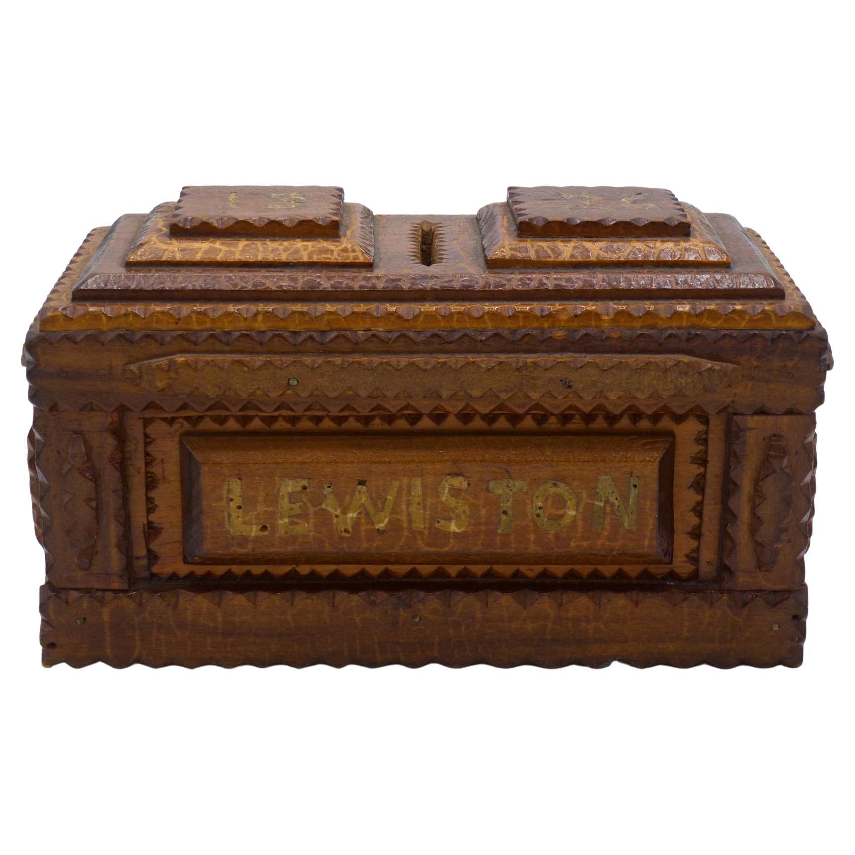 Tramp Art Bank Dated 1926 Beautiful Alligatored Surface "Lewiston" and "Maine" For Sale