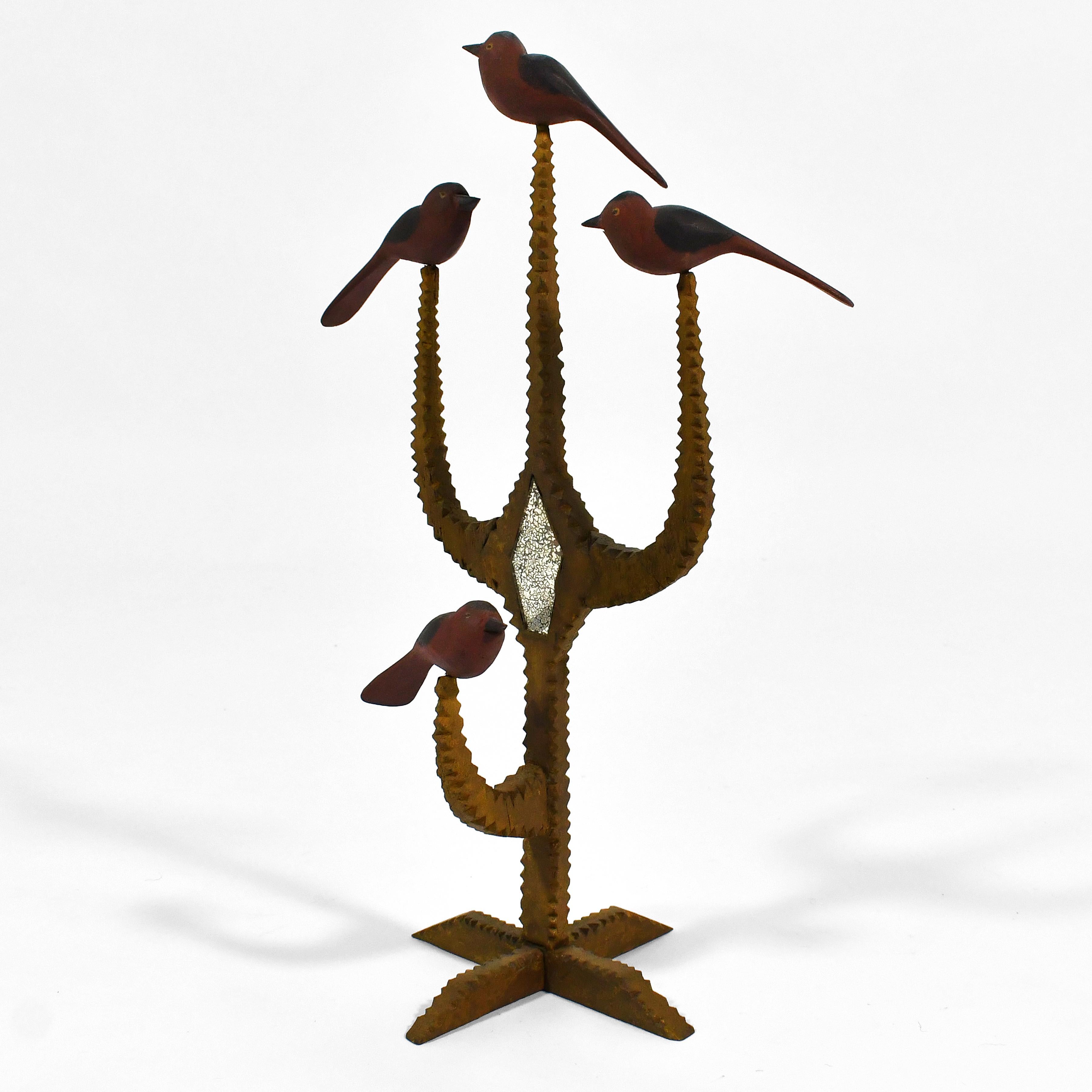 Mirror Tramp Art Birds in a Tree Sculpture
