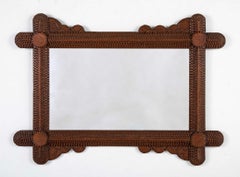 Tramp Art Carved Wood Framed Mirror Circa 1900