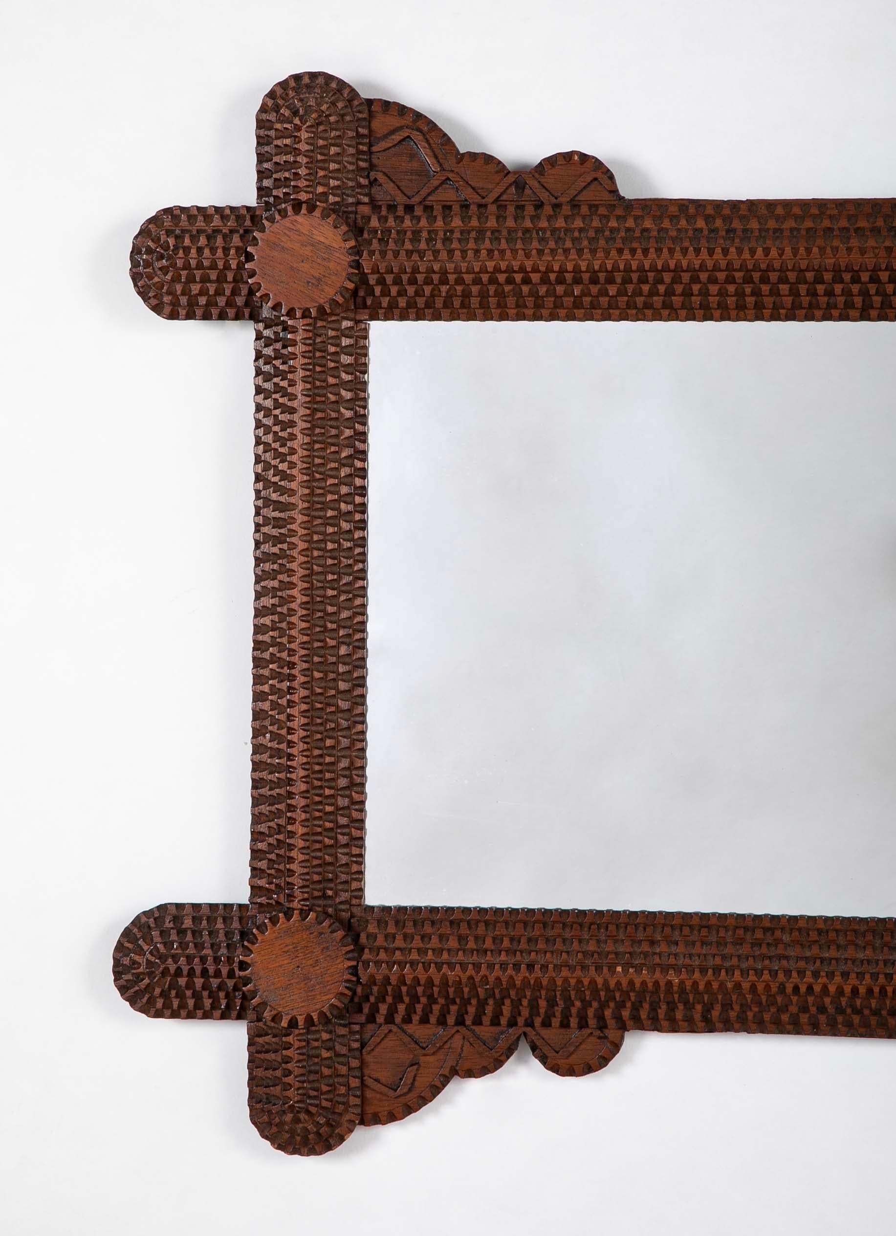Folk Art Tramp Art Carved Wood Framed Mirror Circa 1900