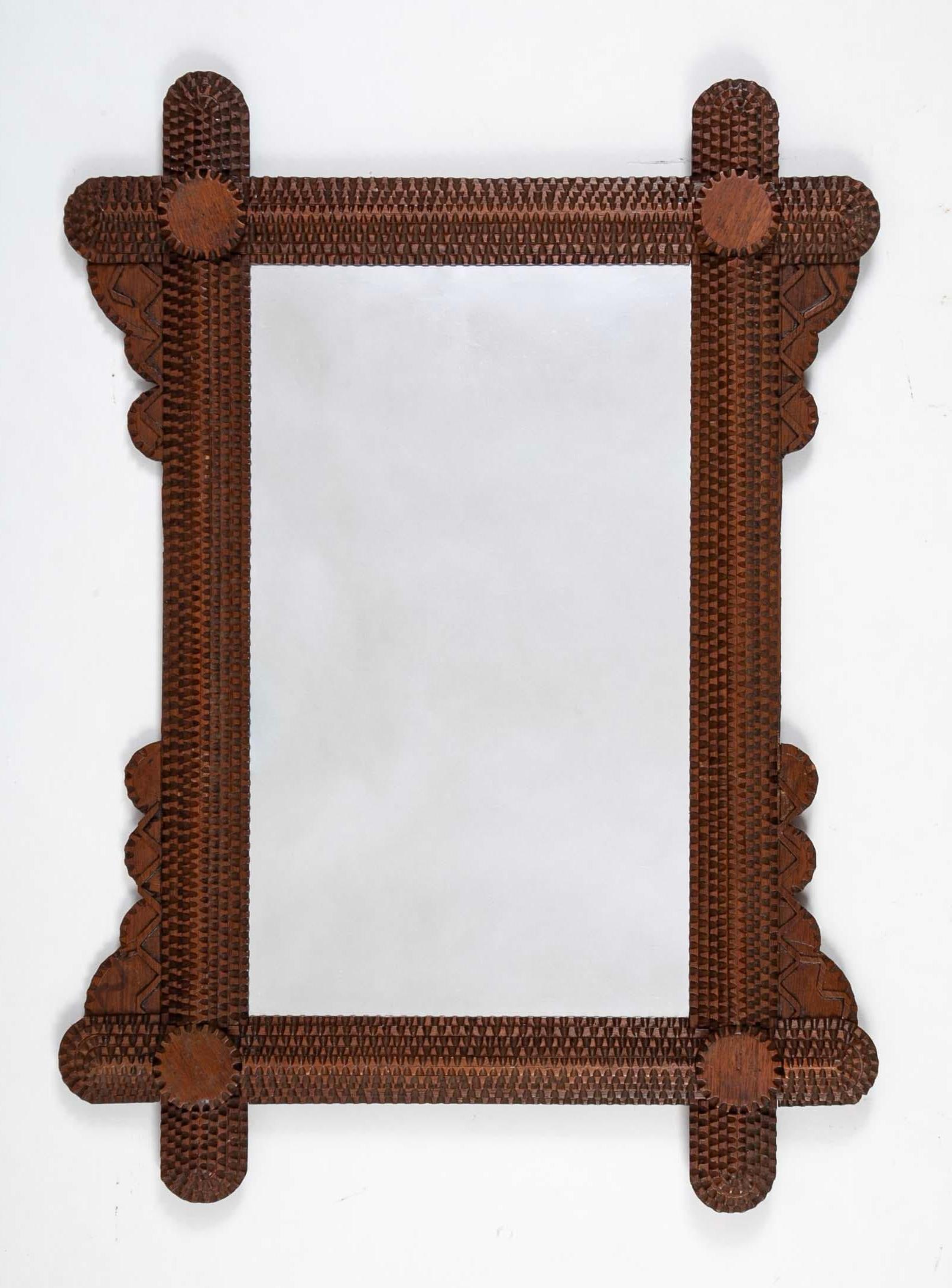 Tramp Art Carved Wood Framed Mirror Circa 1900 In Good Condition In Stamford, CT