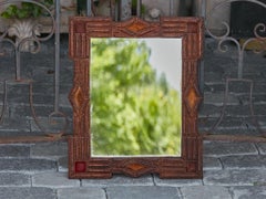 Tramp Art Carved Wooden Mirror circa 1900 France, with Orange and Red Accents