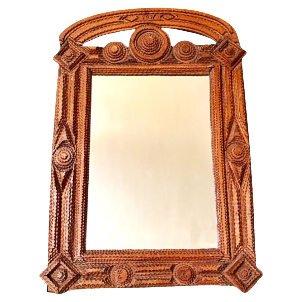 Tramp Art Chip Carved Mirror Frame, Dated 1910 en vente