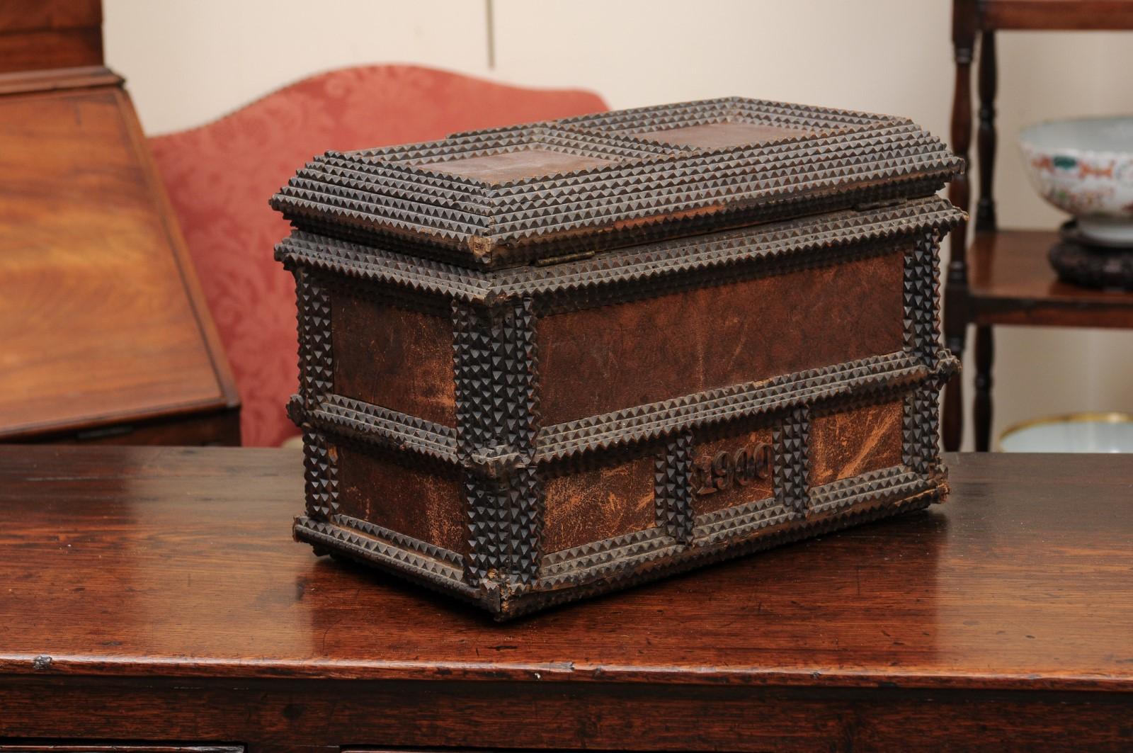 Tramp Art Dresser Box with Leather Panels, Signed ca. 1900 For Sale 8
