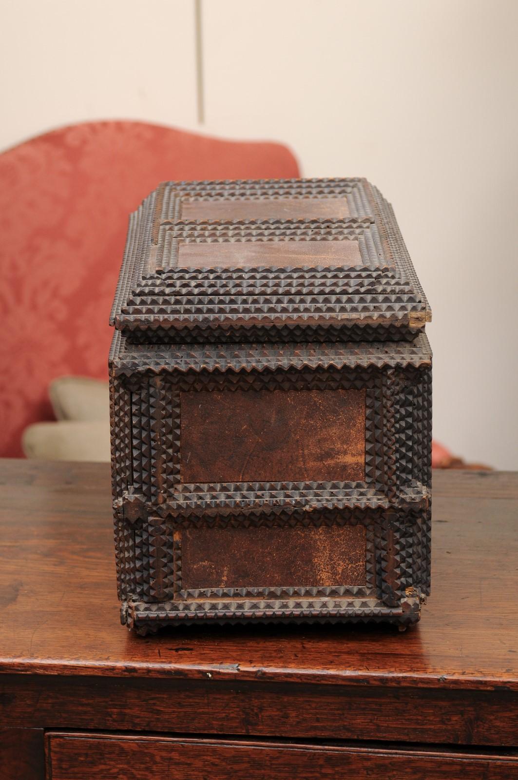 Tramp Art Dresser Box with Leather Panels, Signed ca. 1900 For Sale 9