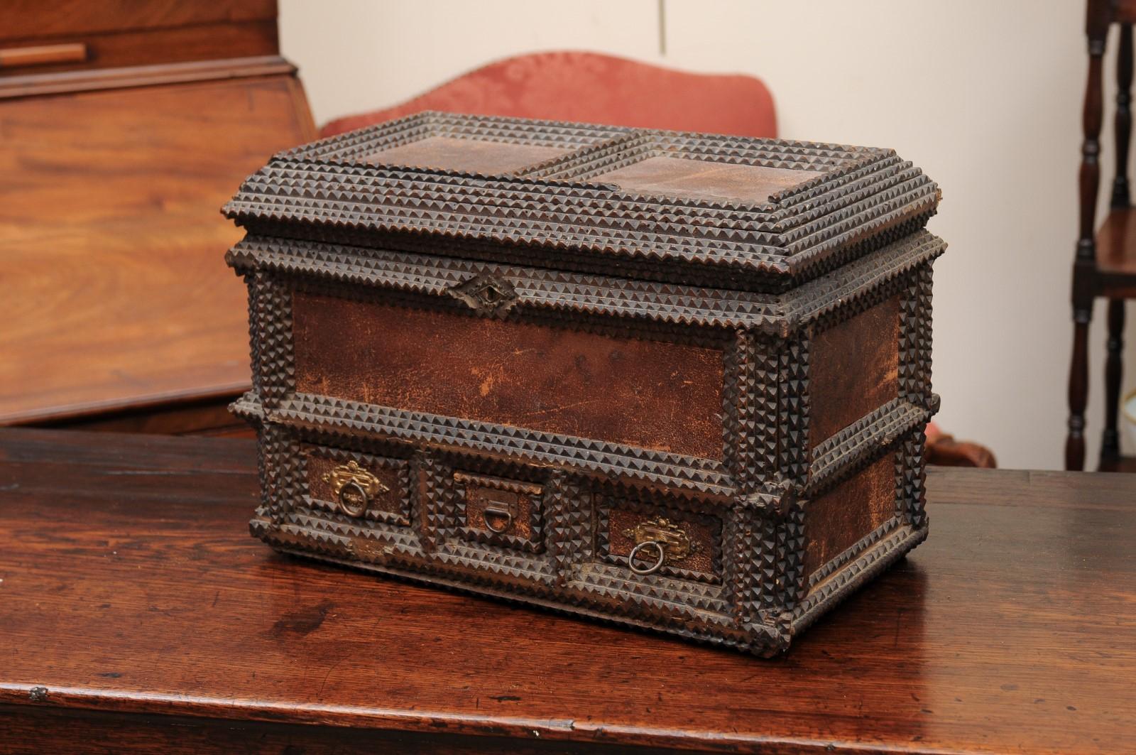 Tramp Art Dresser Box with Leather Panels, Signed ca. 1900 For Sale 10