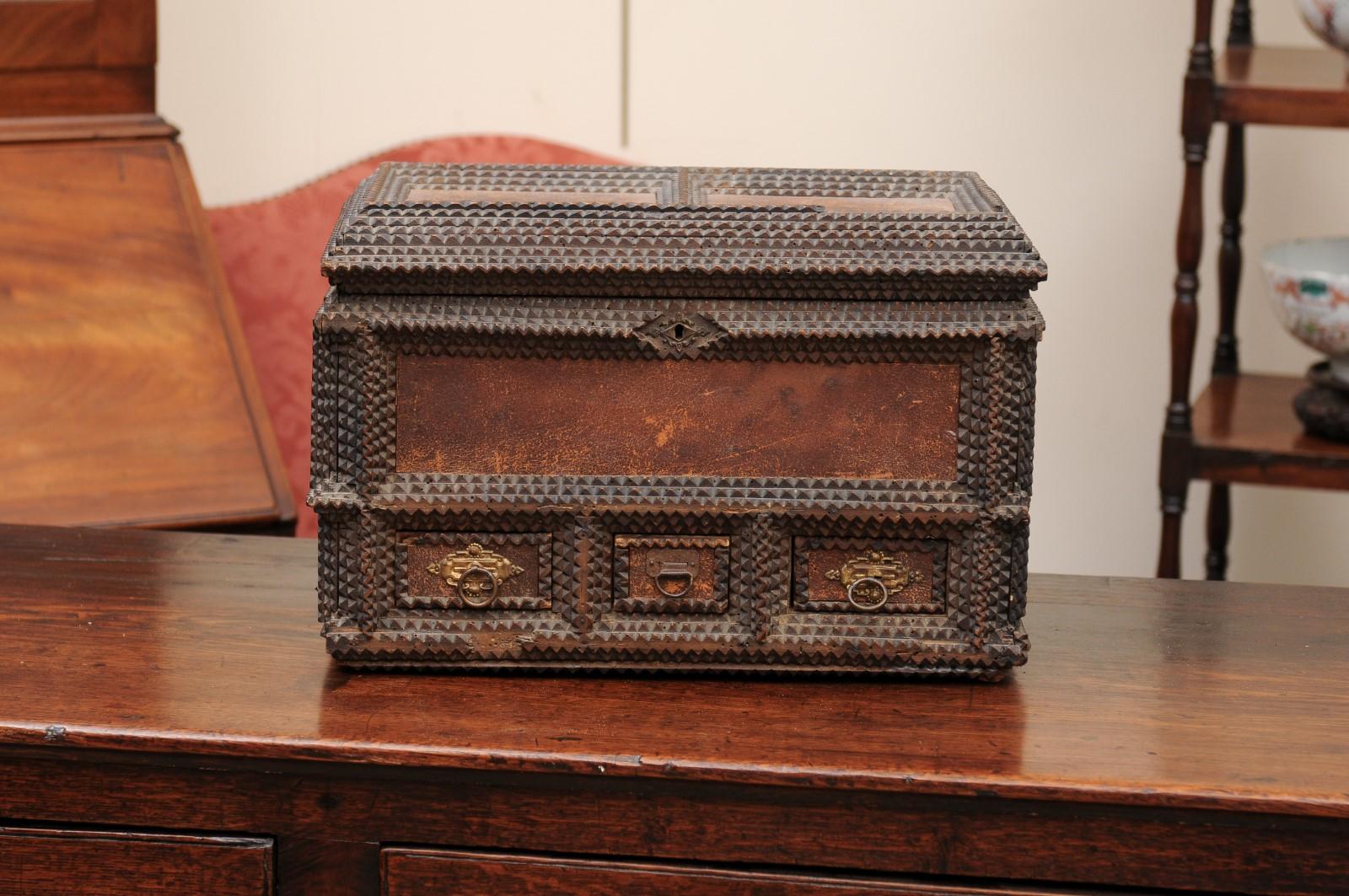 Tramp Art Dresser Box with Leather Panels, Signed ca. 1900 For Sale 11