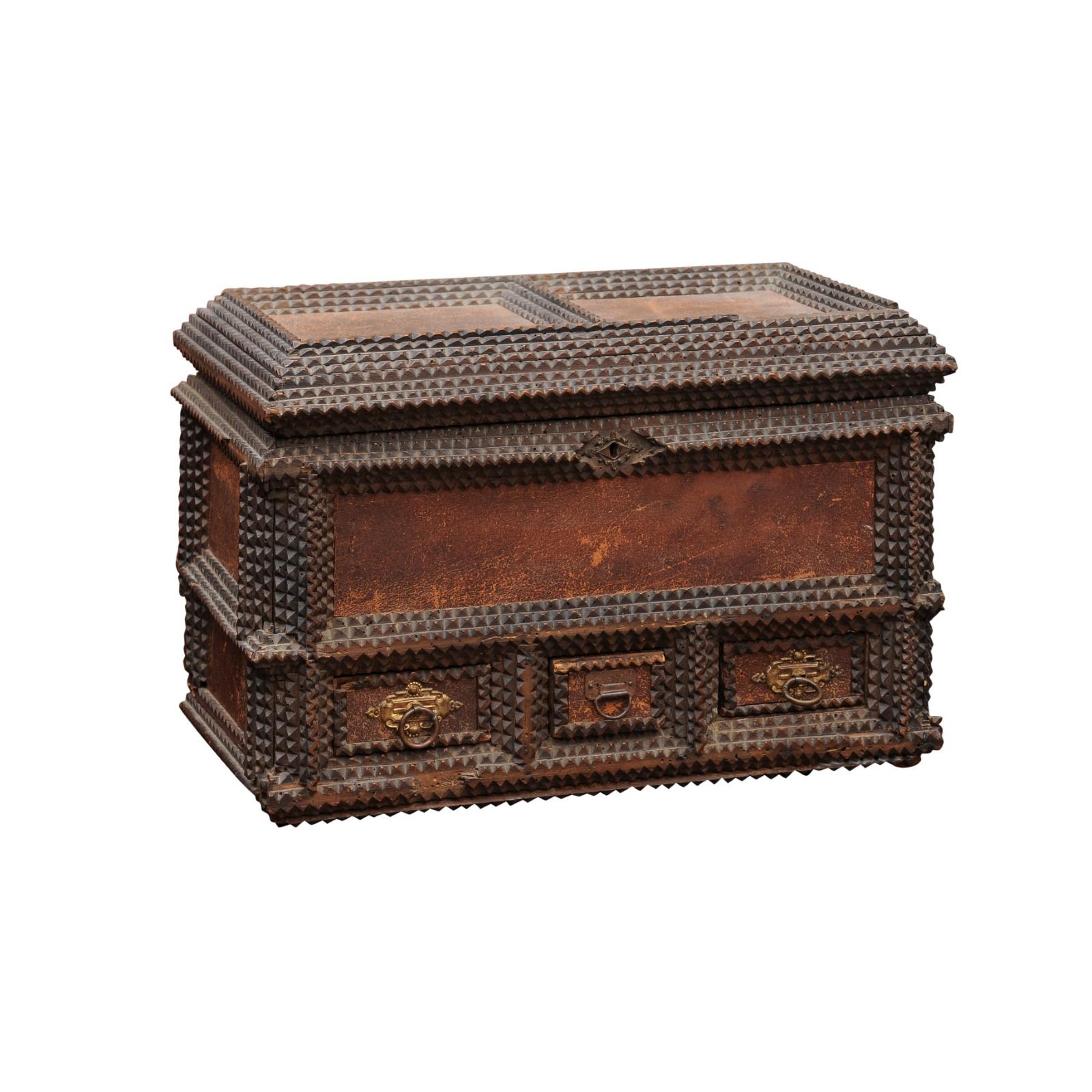 Tramp Art Dresser Box with Leather Panels, Signed ca. 1900 In Good Condition For Sale In Atlanta, GA