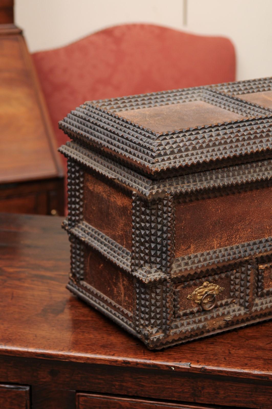 Tramp Art Dresser Box with Leather Panels, Signed ca. 1900 For Sale 1