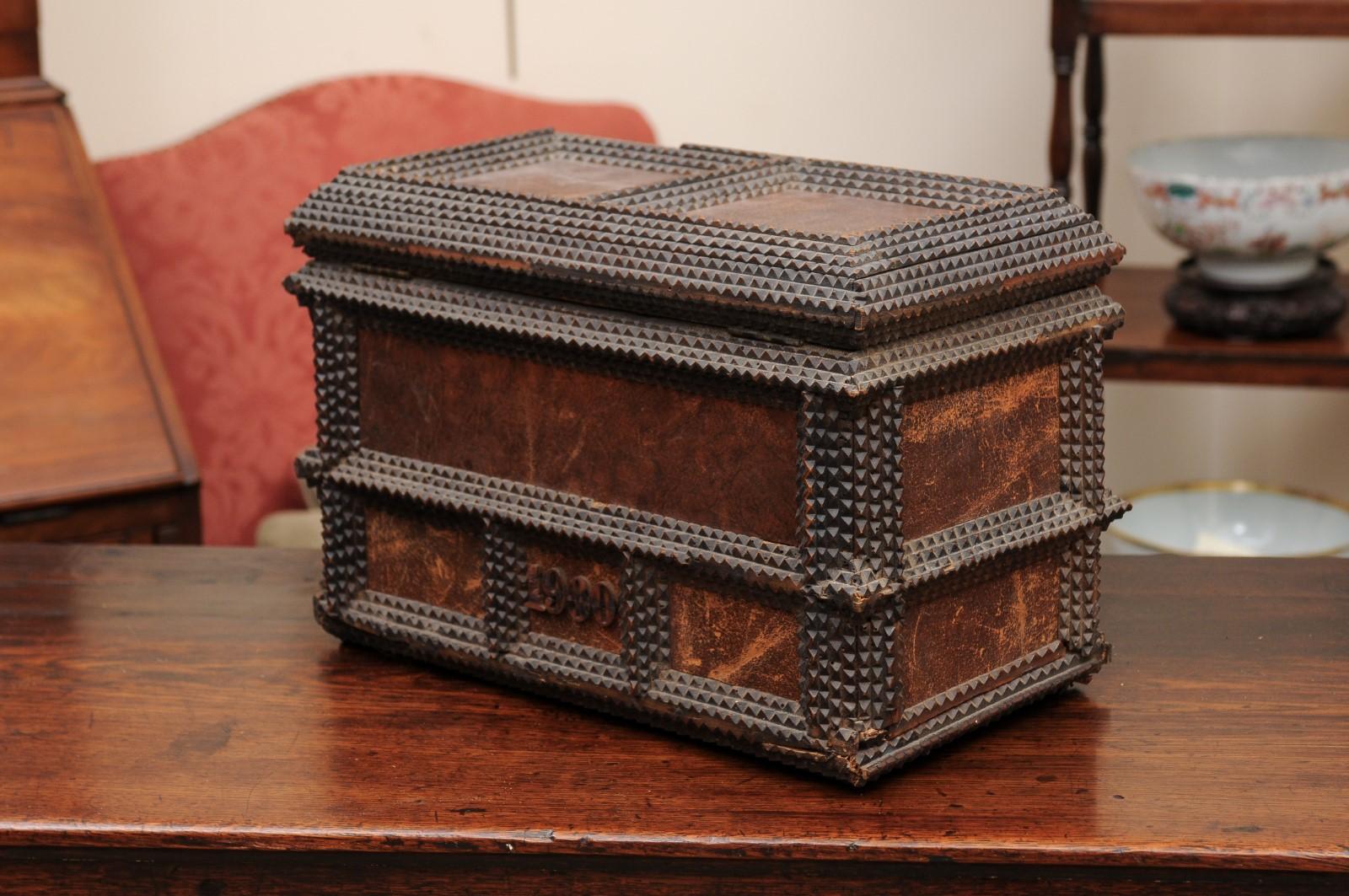Tramp Art Dresser Box with Leather Panels, Signed ca. 1900 For Sale 5